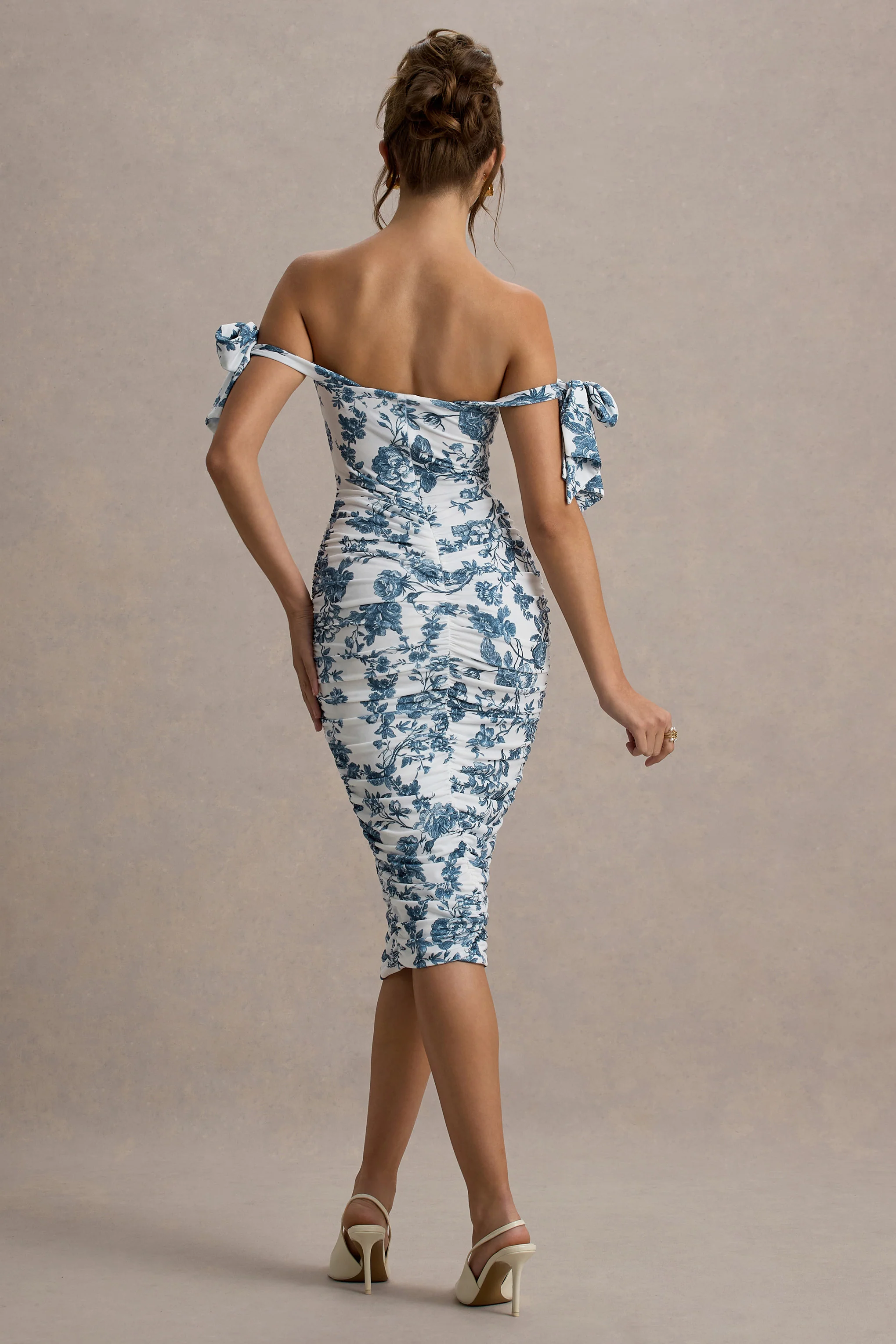 Citrus | Blue Porcelain Print Bardot Bodycon Midi Dress With Bow Sleeves - Image 2