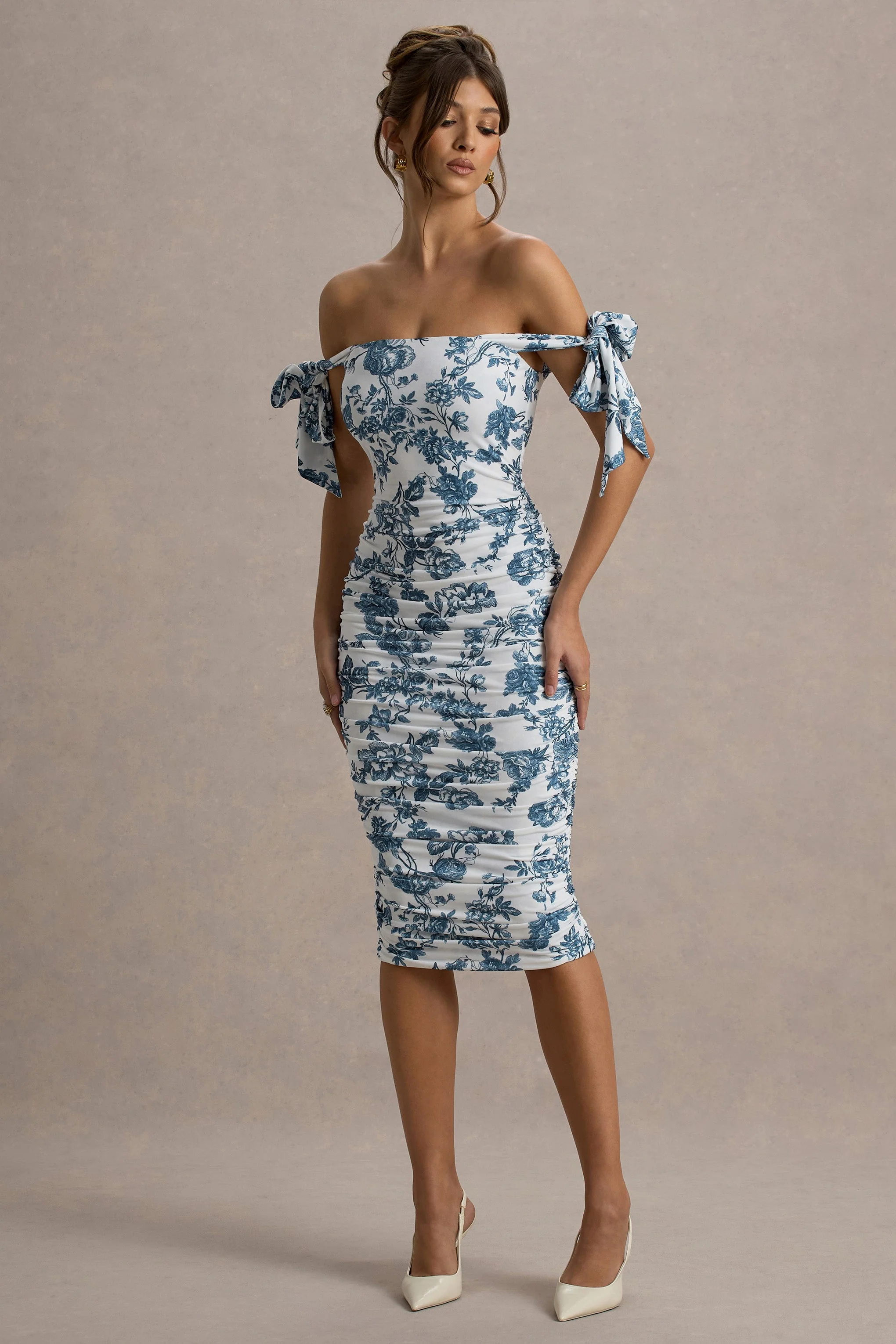 Citrus | Blue Porcelain Print Bardot Bodycon Midi Dress With Bow Sleeves - Image 5