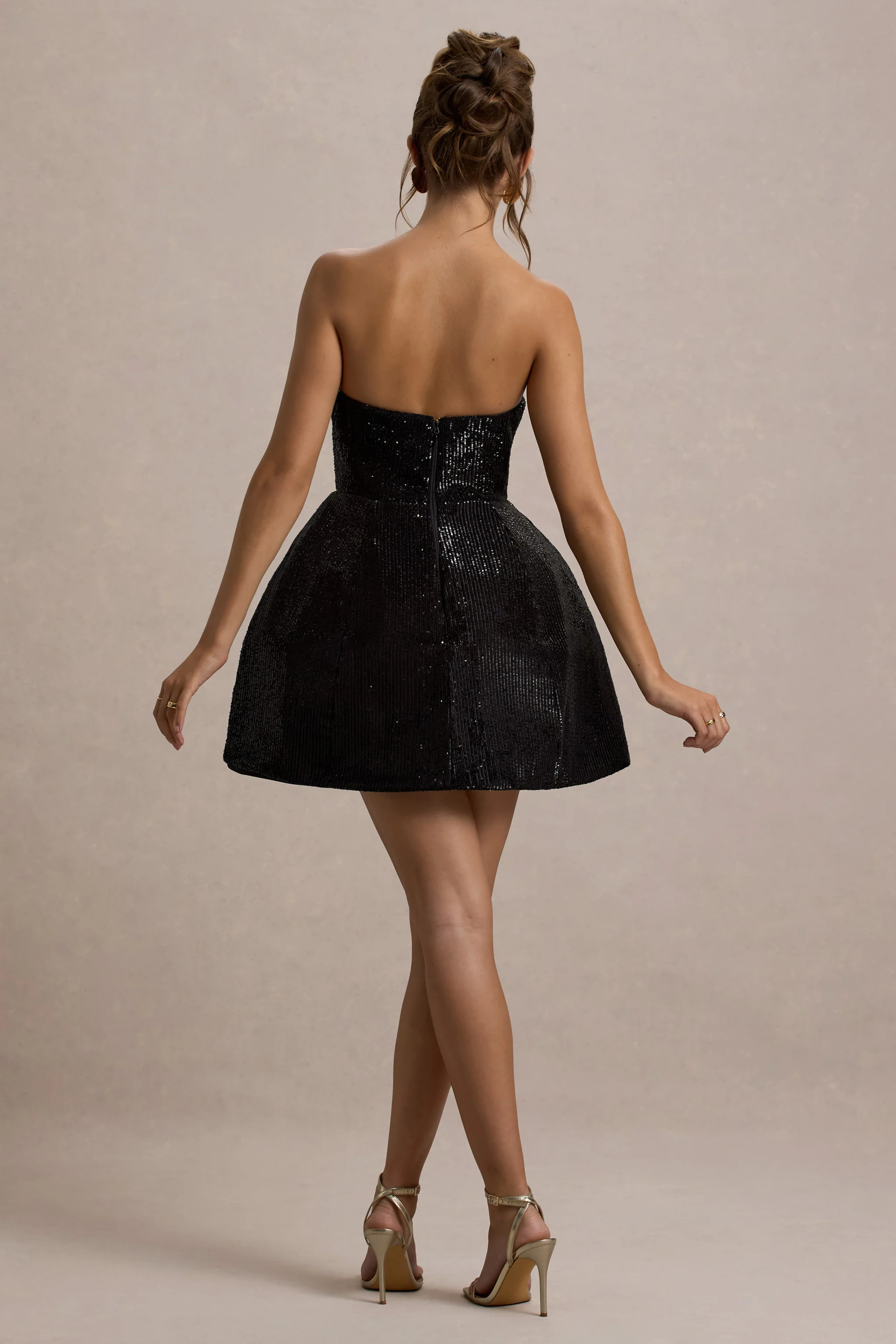 Clarabell | Black Sequin Bandeau Structured Mini Dress - Image 2