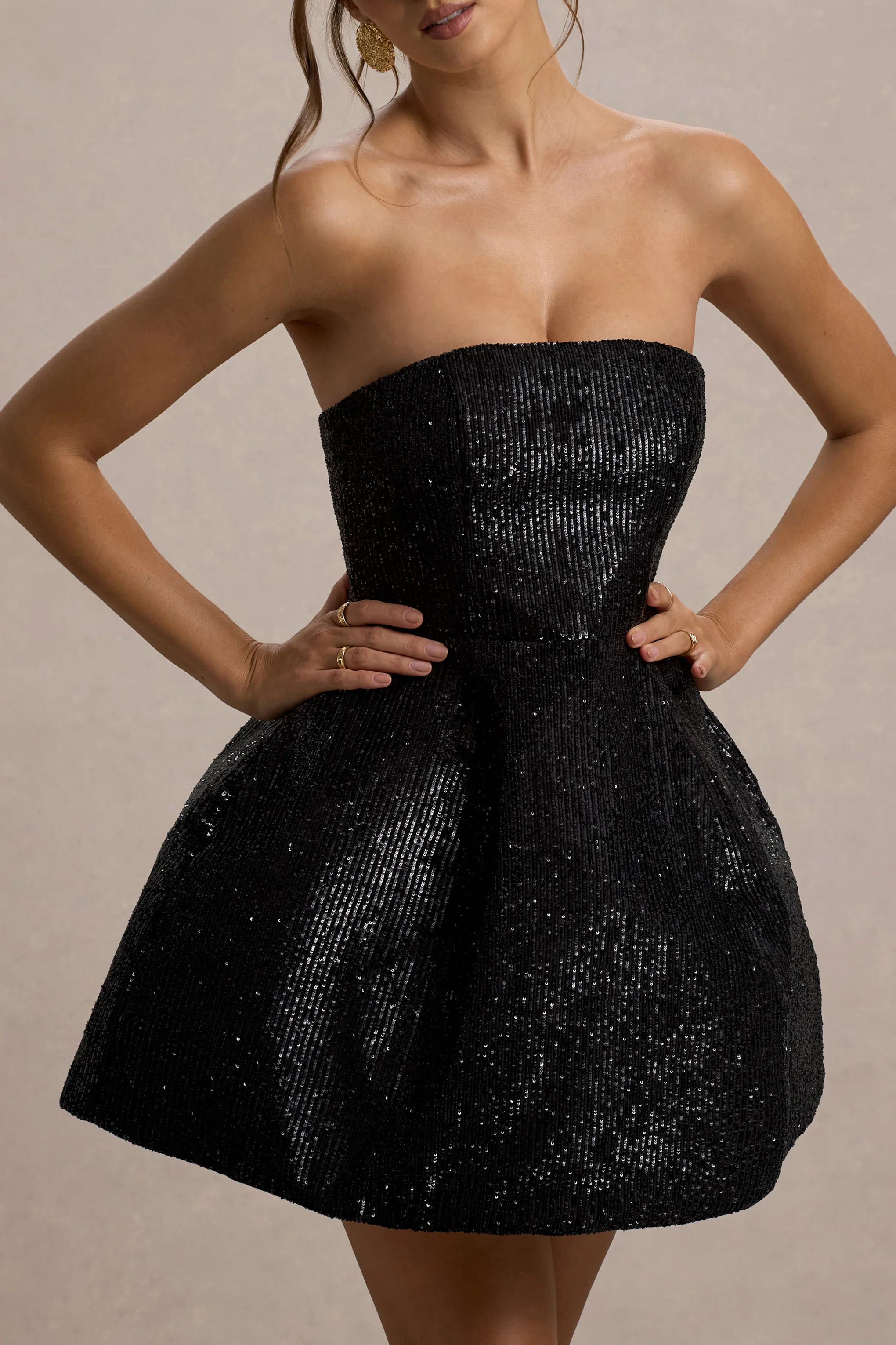 Clarabell | Black Sequin Bandeau Structured Mini Dress - Image 3