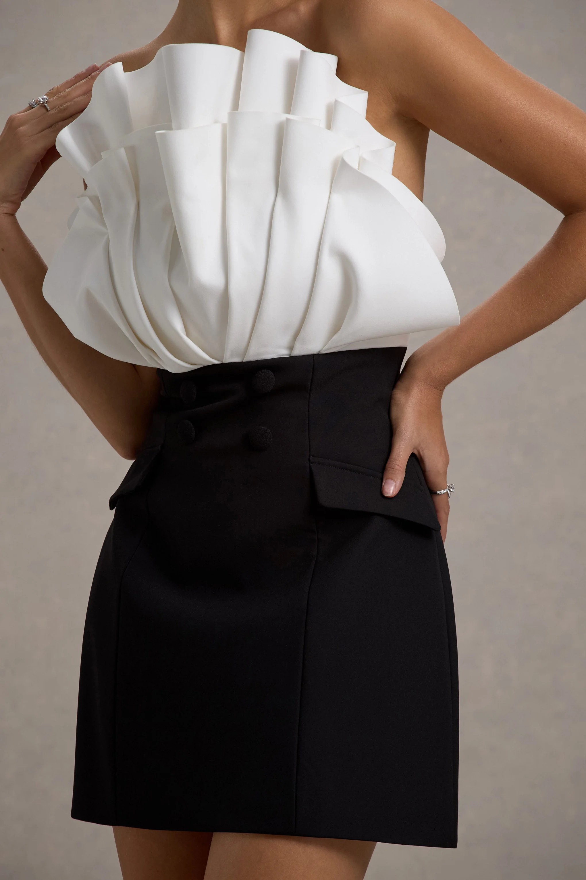 Clare | Black & White Ruffled Strapless Tailored Mini Dress - Image 2