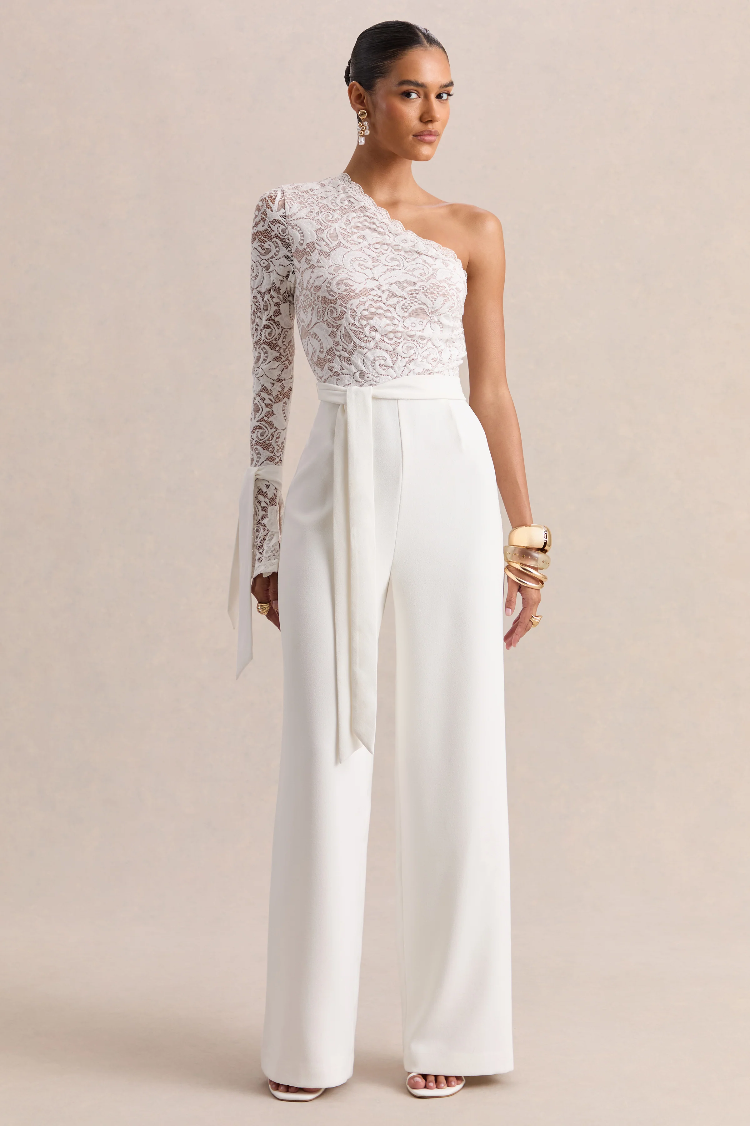 Clarence | White Lace Asymmetric-Neck Jumpsuit With Bow-Details - Image 5