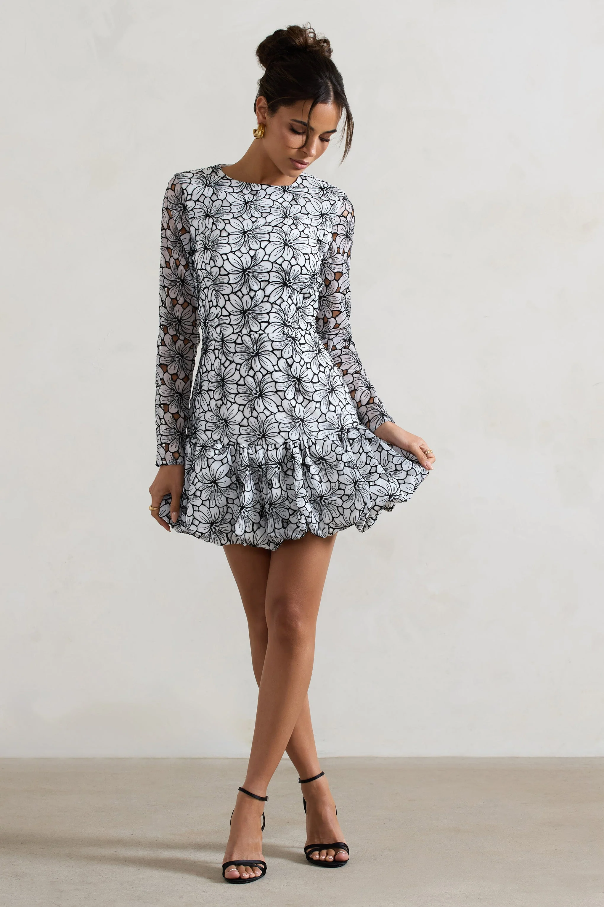 Claribel | Black & White Lace Long-Sleeve Mini Dress With Ruffle Hem - Image 6