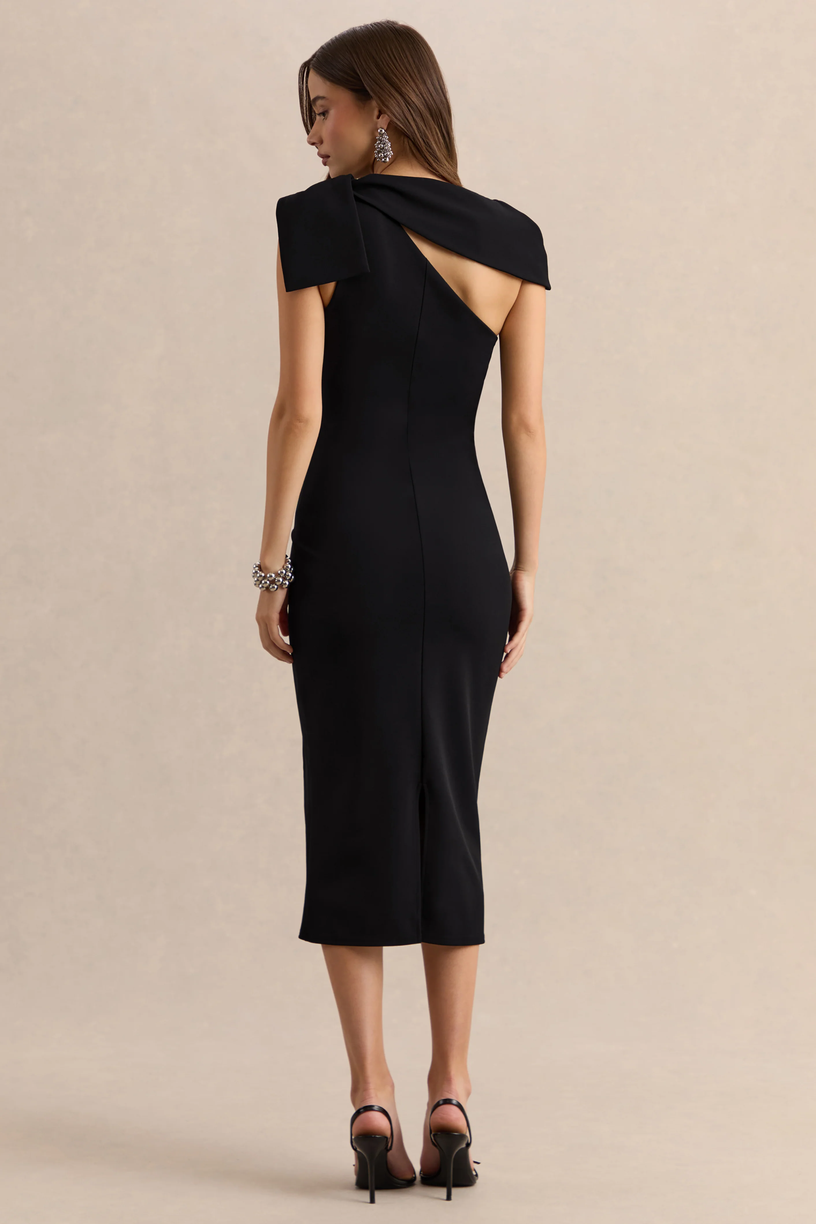 Clarina | Black Asymmetric-Neck Midi Dress With Bow-Detail - Image 2