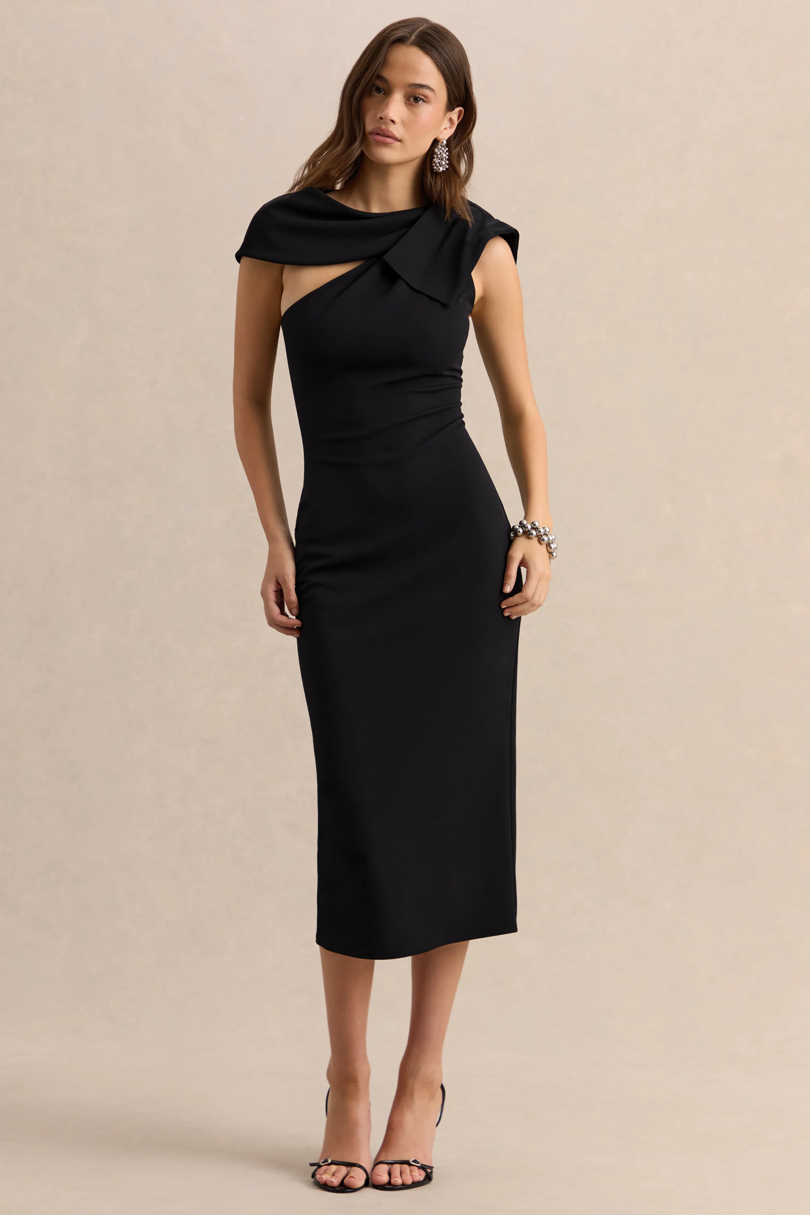Clarina | Black Asymmetric-Neck Midi Dress With Bow-Detail - Image 4