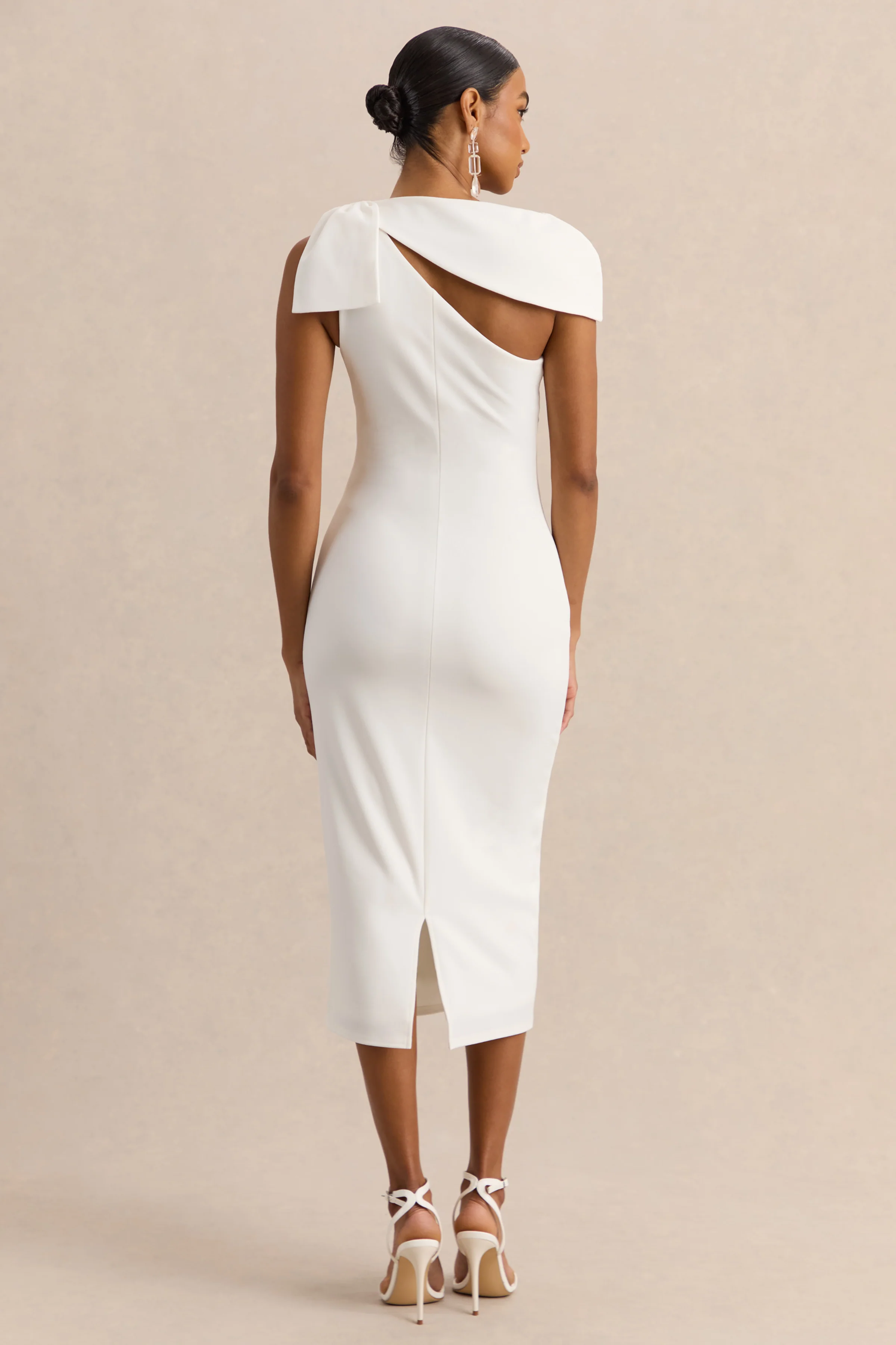 Clarina | White Asymmetric-Neck Midi Dress With Bow-Detail - Image 2