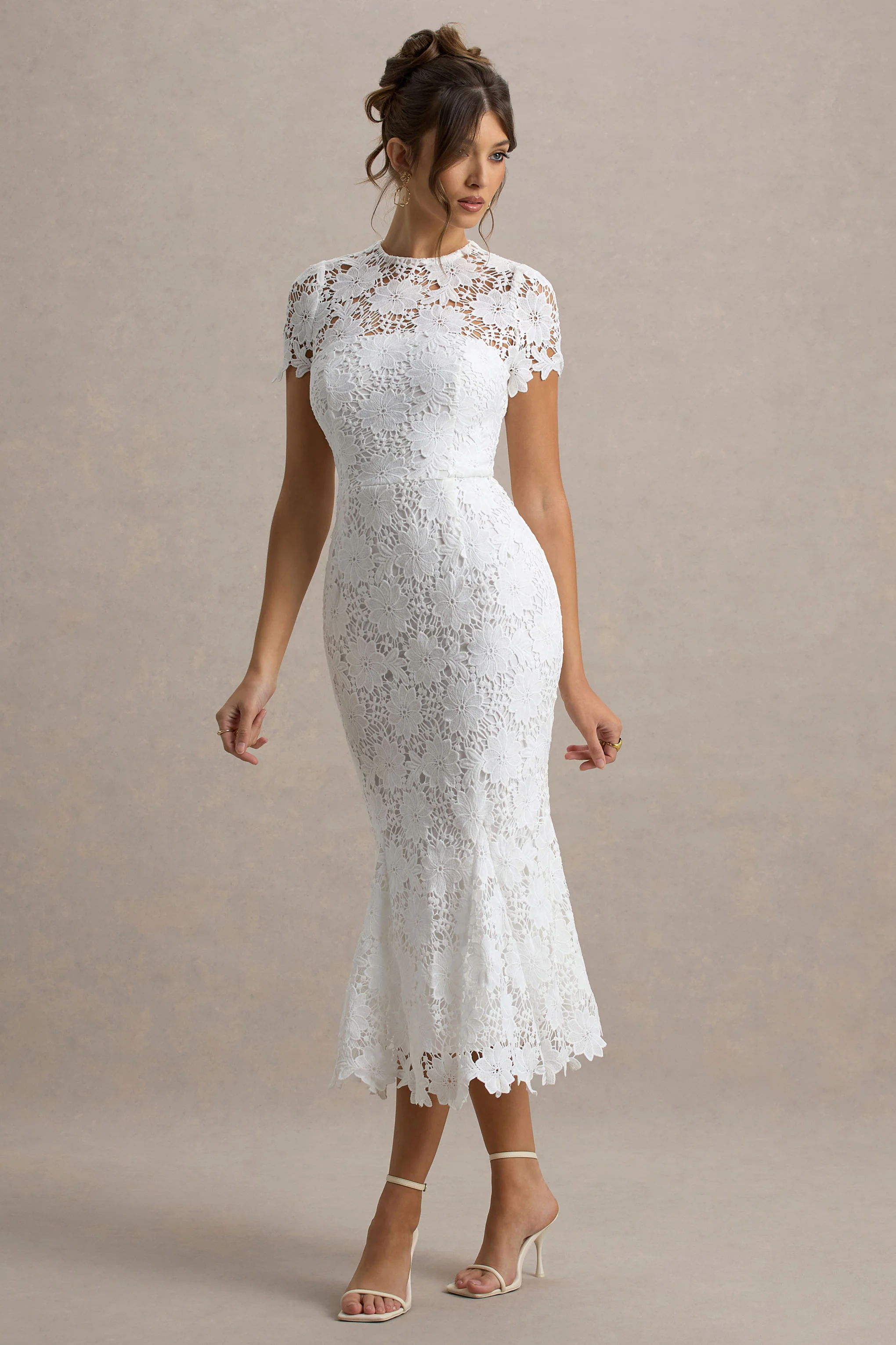 Clarissa | White Lace Crew-Neck Short-Sleeve Midi Dress - Image 4