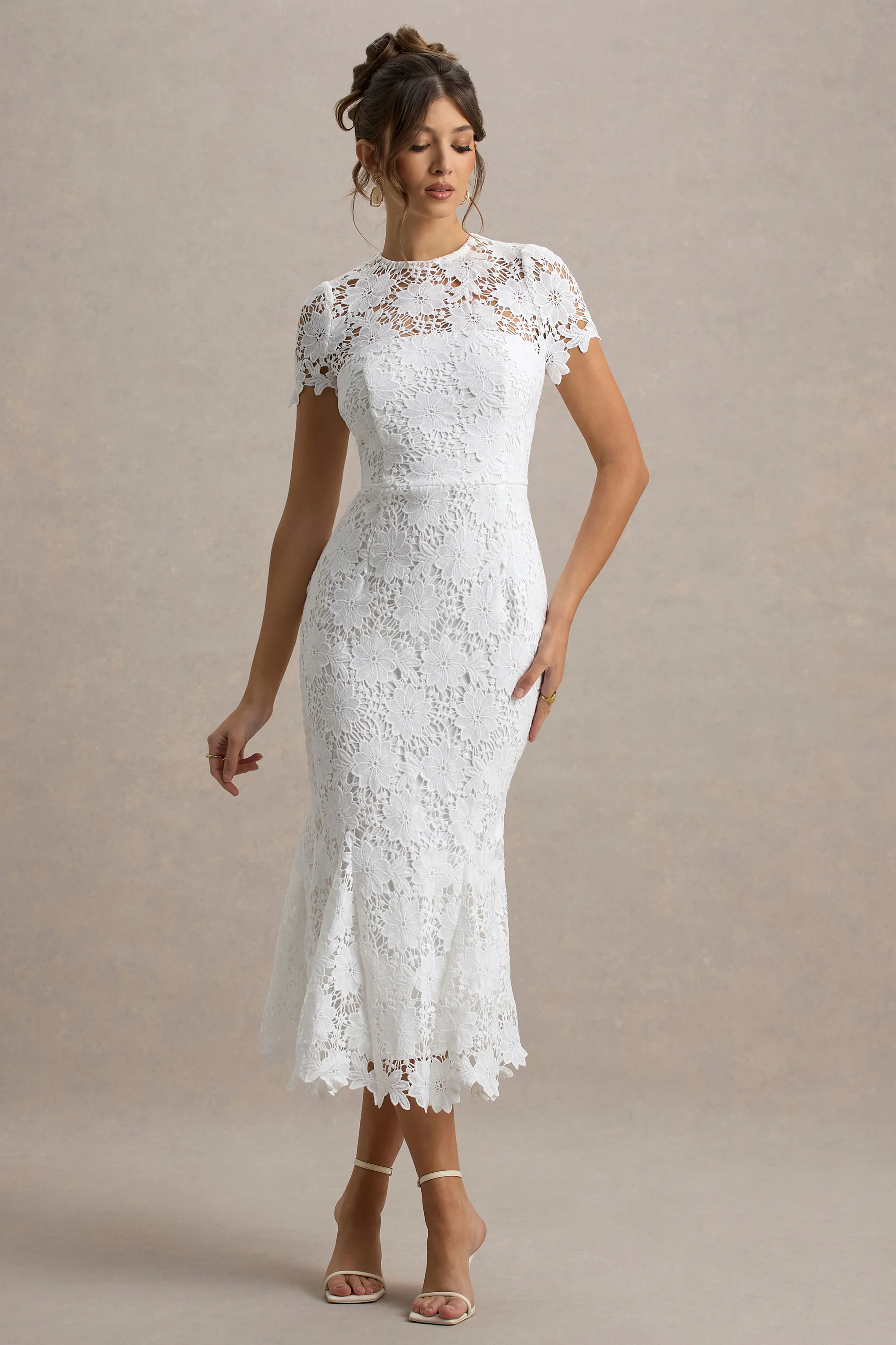 Clarissa | White Lace Crew-Neck Short-Sleeve Midi Dress - Image 6