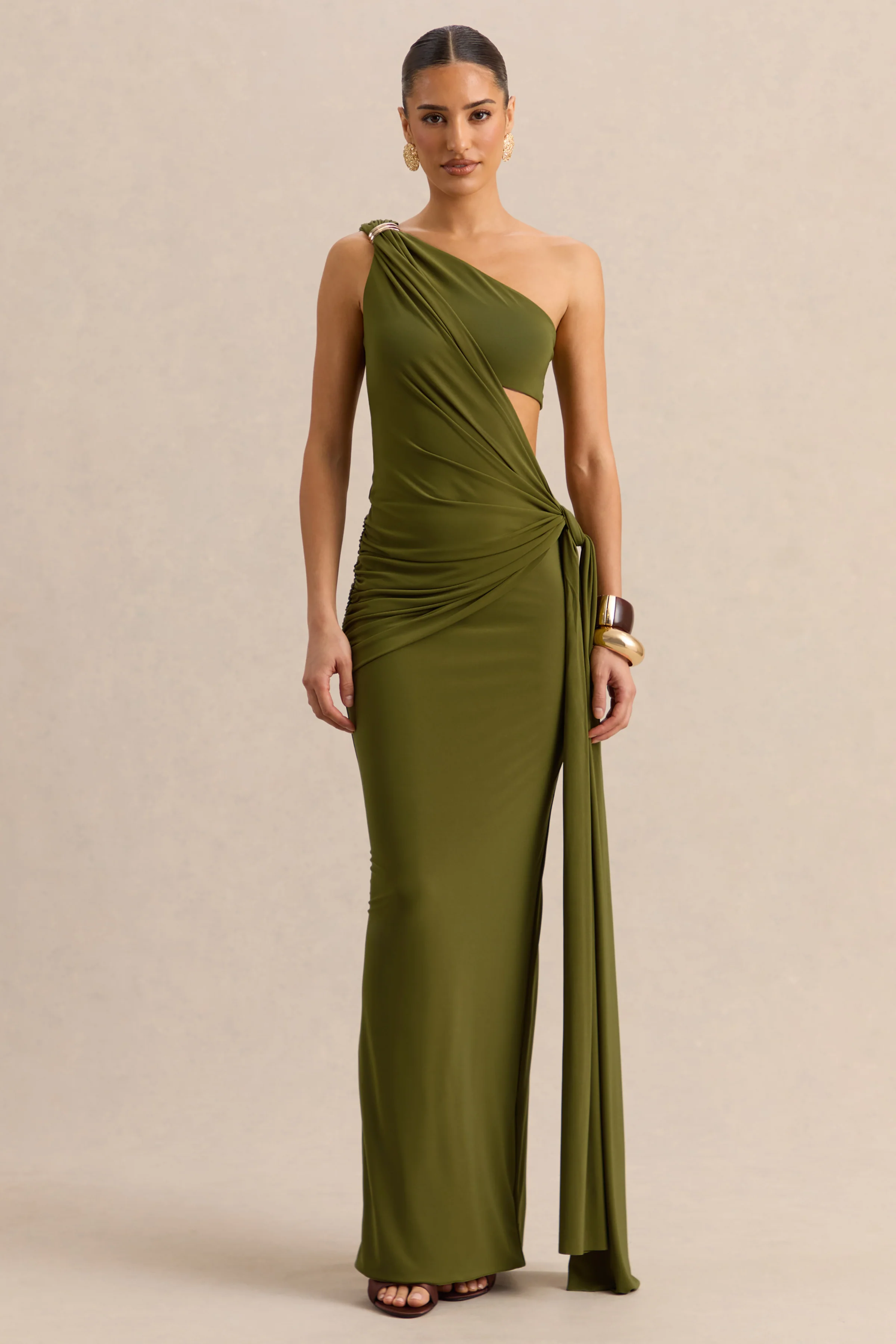 Clarosia | Green Asymmetric-Neck Maxi Dress With Cut-Out With Sash