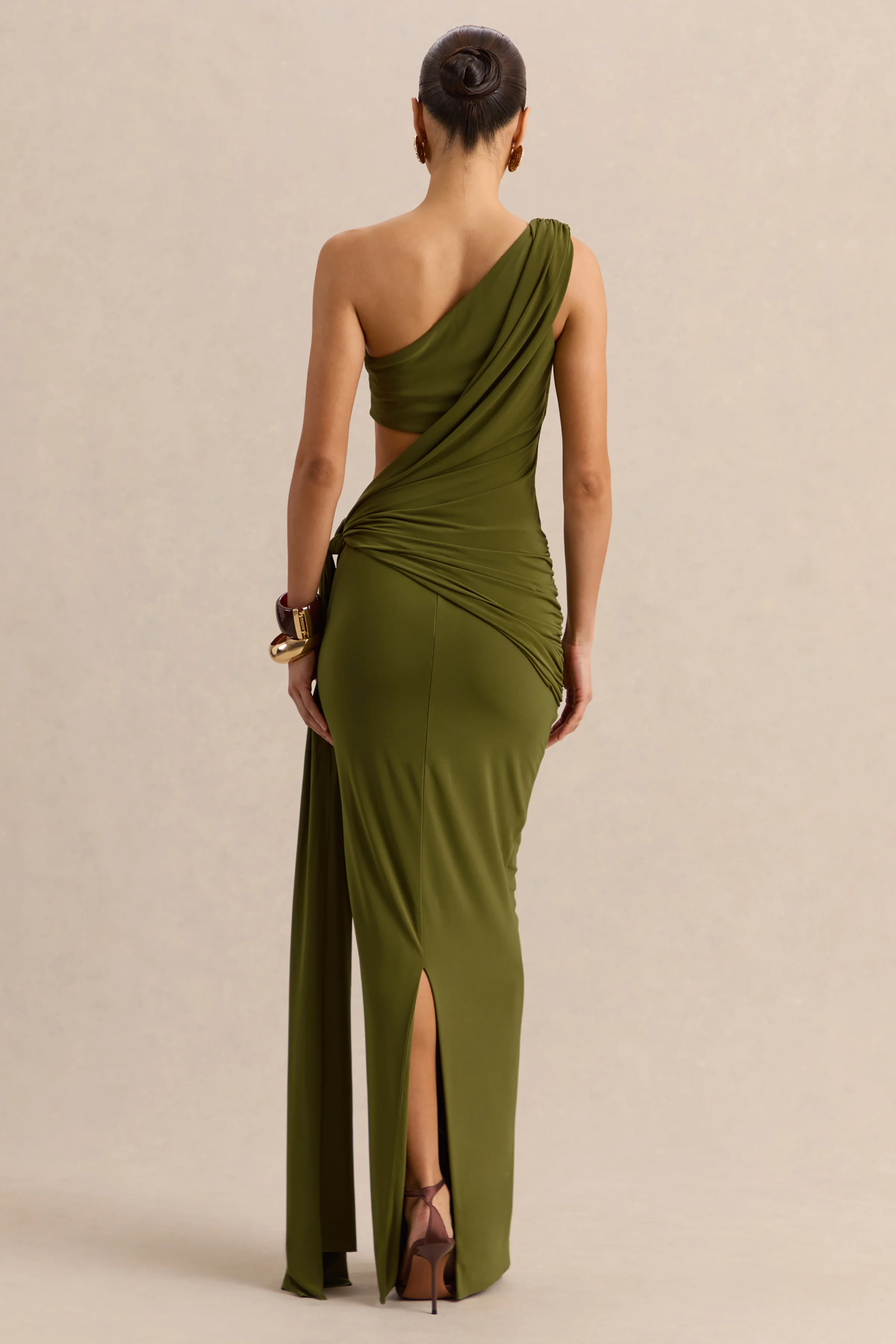 Clarosia | Green Asymmetric-Neck Maxi Dress With Cut-Out With Sash - Image 2