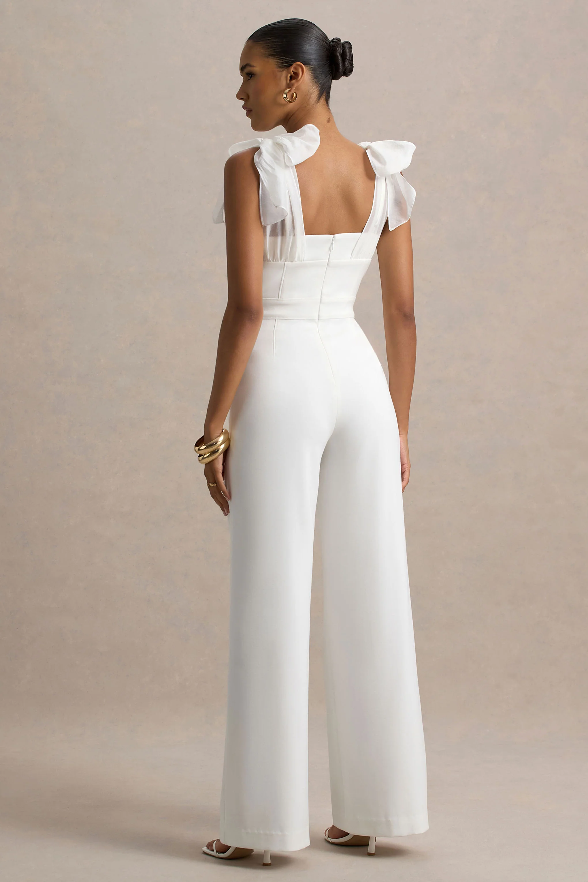 Claudelle | White Flared-Leg Jumpsuit With Organza Bow Straps - Image 2