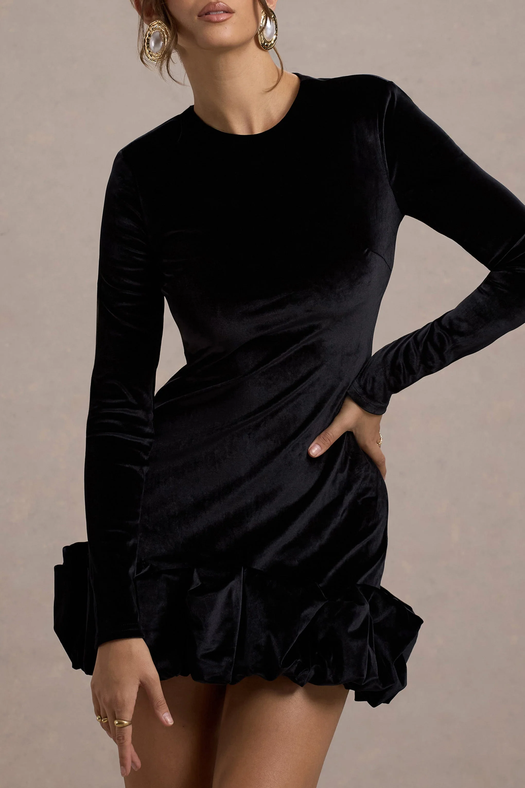 Claudine | Black Velvet Long-Sleeved Ruffled Mini Dress - Image 3
