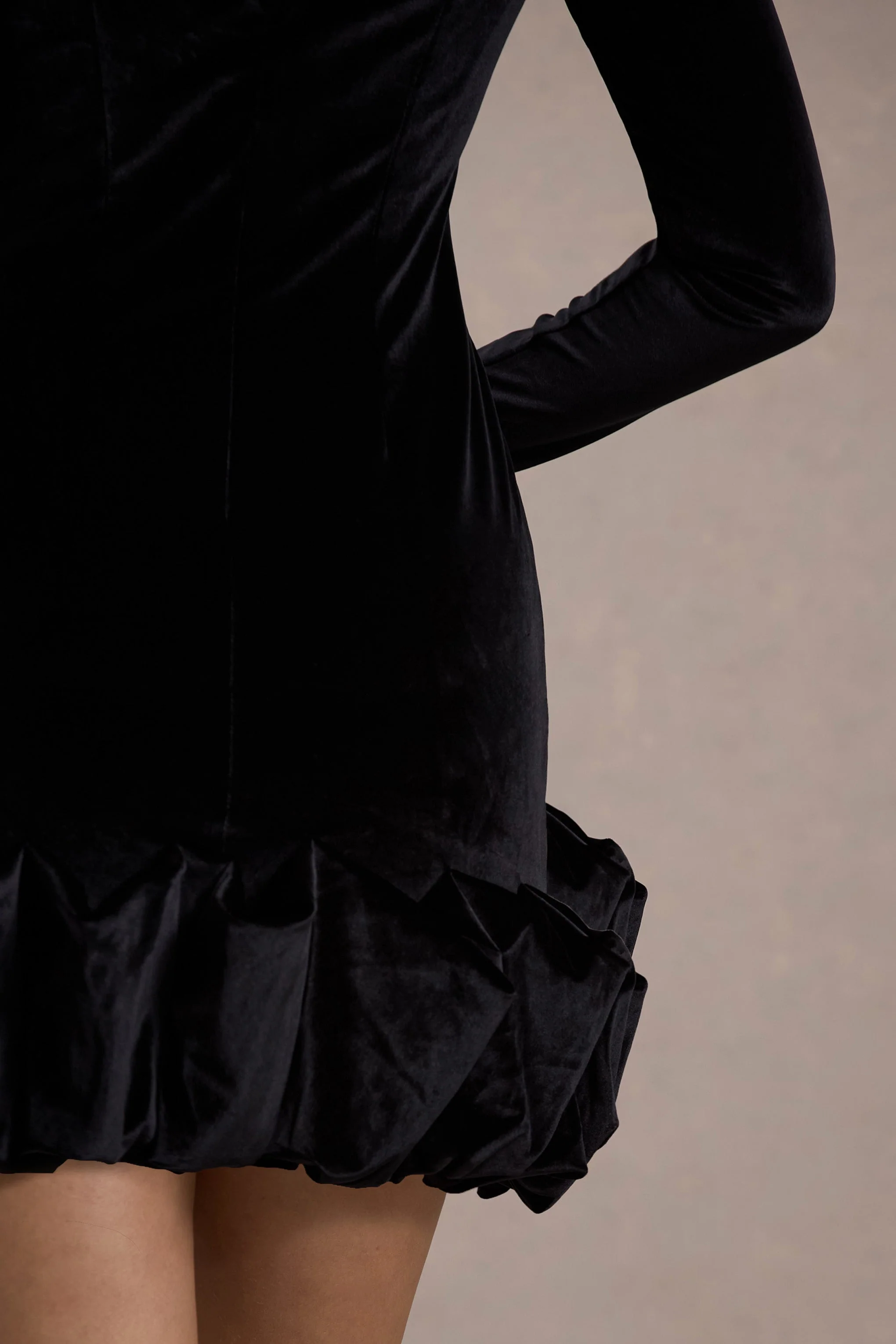 Claudine | Black Velvet Long-Sleeved Ruffled Mini Dress - Image 6