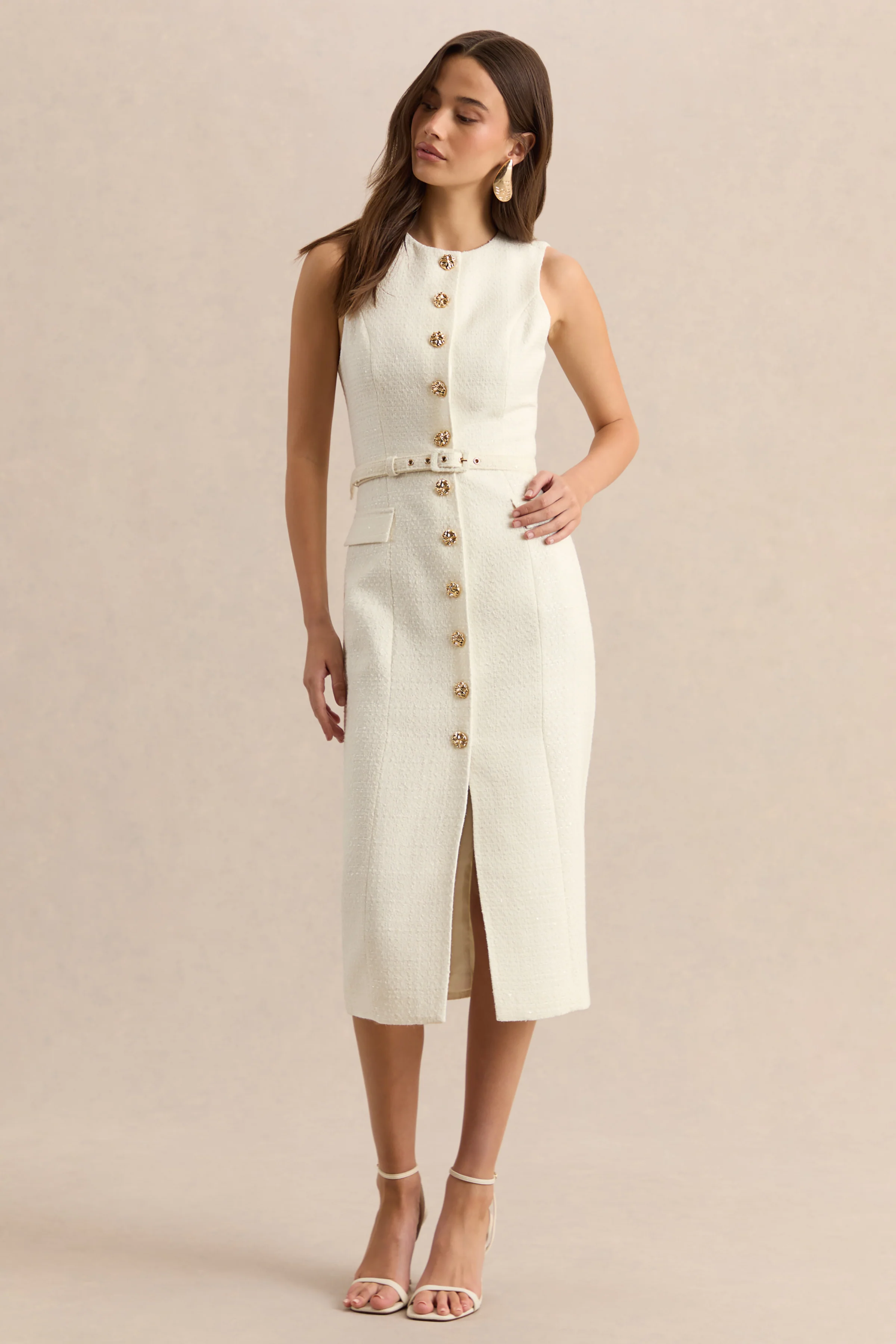 Clea | Cream Crew-Neck Belted Midi Dress With Front-Pockets - Image 4