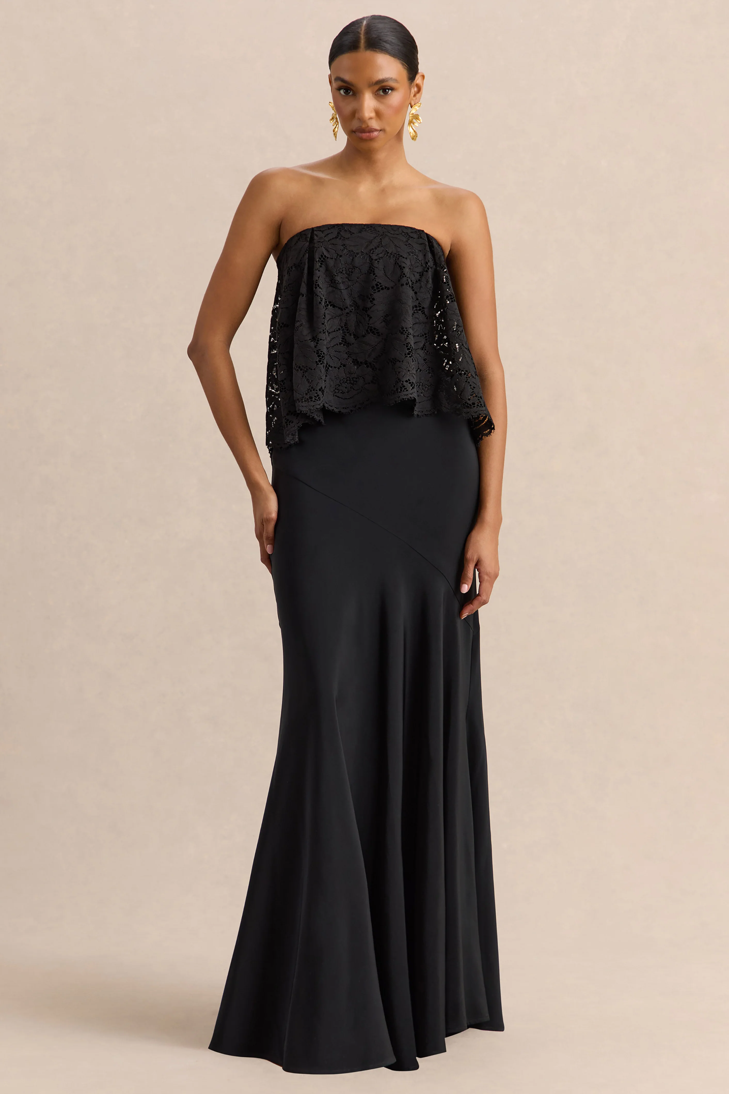 Clemency | Black Lace And Matte Satin Bandeau Maxi Dress - Image 5