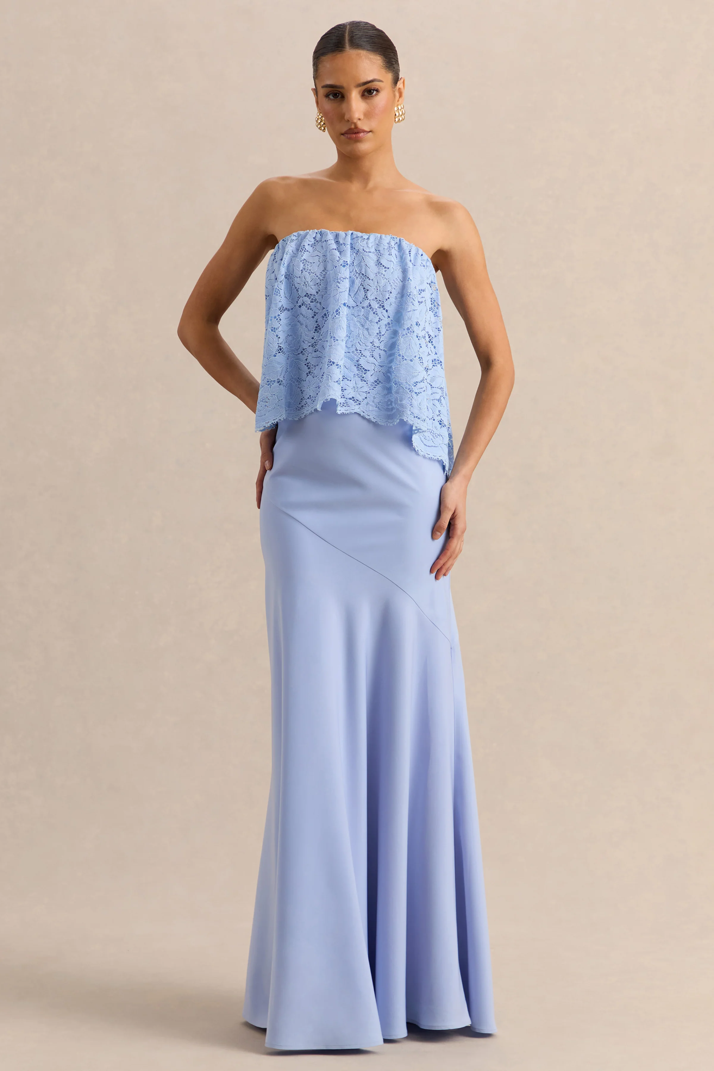 Clemency | Powder Blue Lace And Matte Satin Bandeau Maxi Dress - Image 4