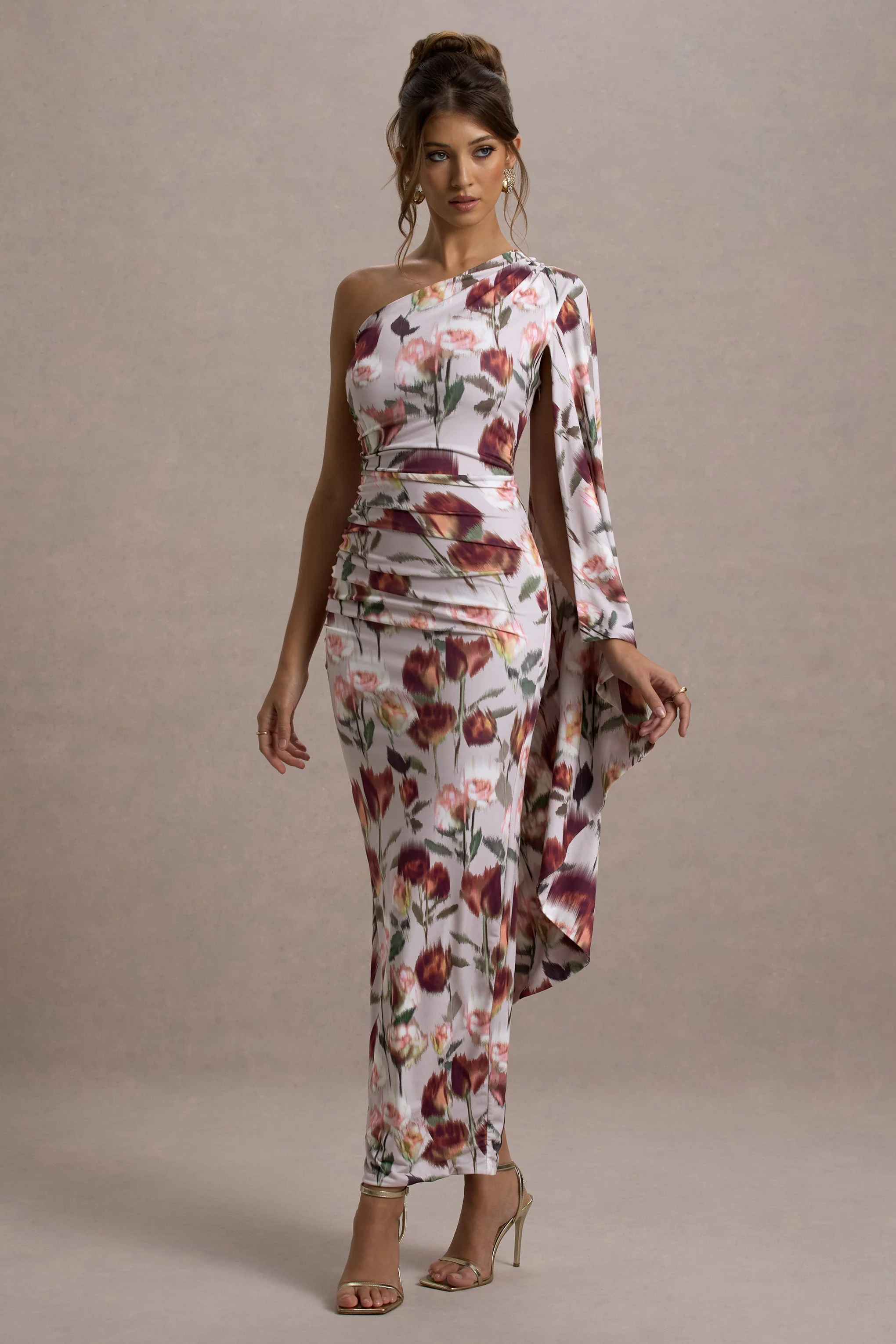 Clementina | Cream Floral Print Asymmetric Cape Sleeve Maxi Dress - Image 4