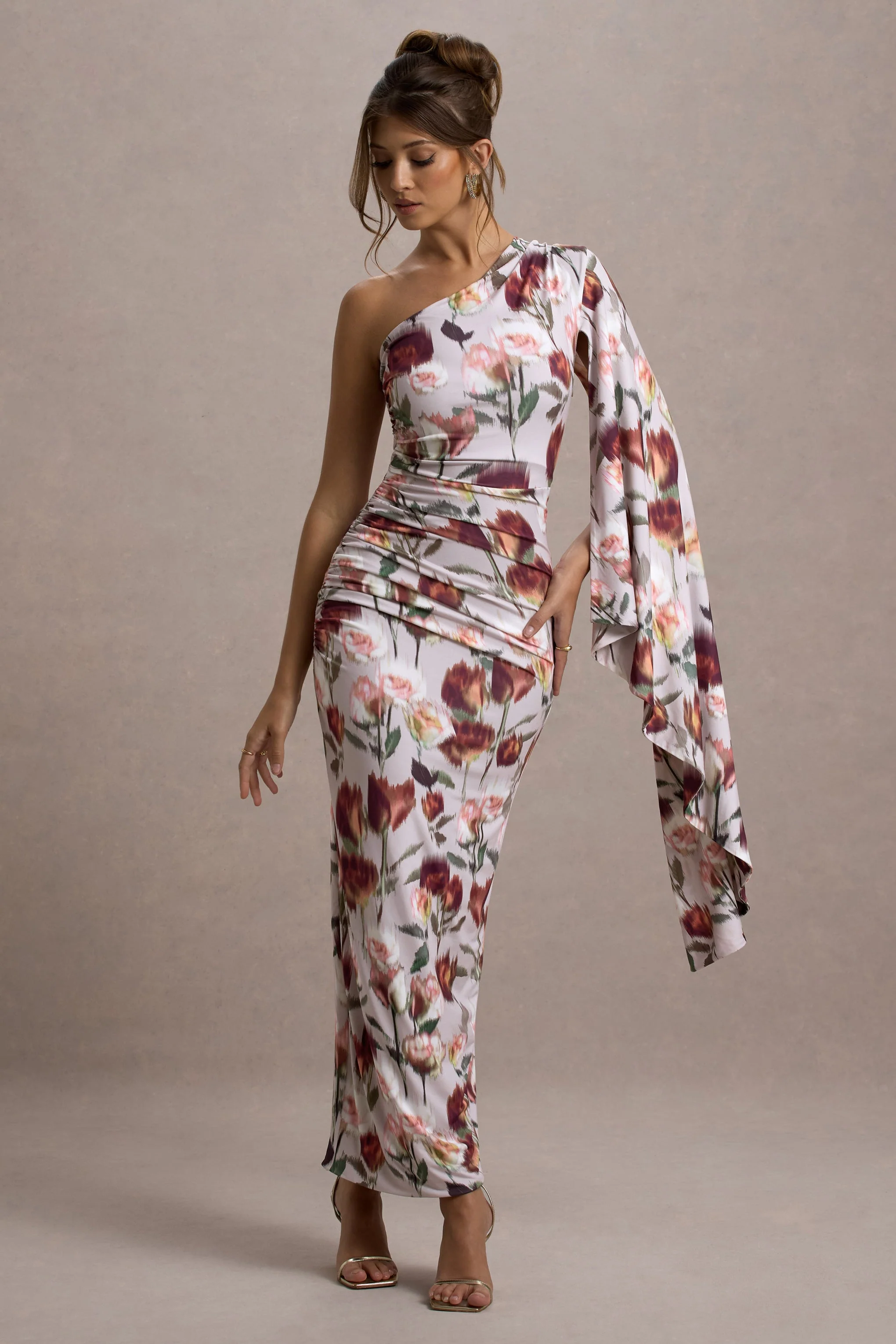 Clementina | Cream Floral Print Asymmetric Cape Sleeve Maxi Dress - Image 5