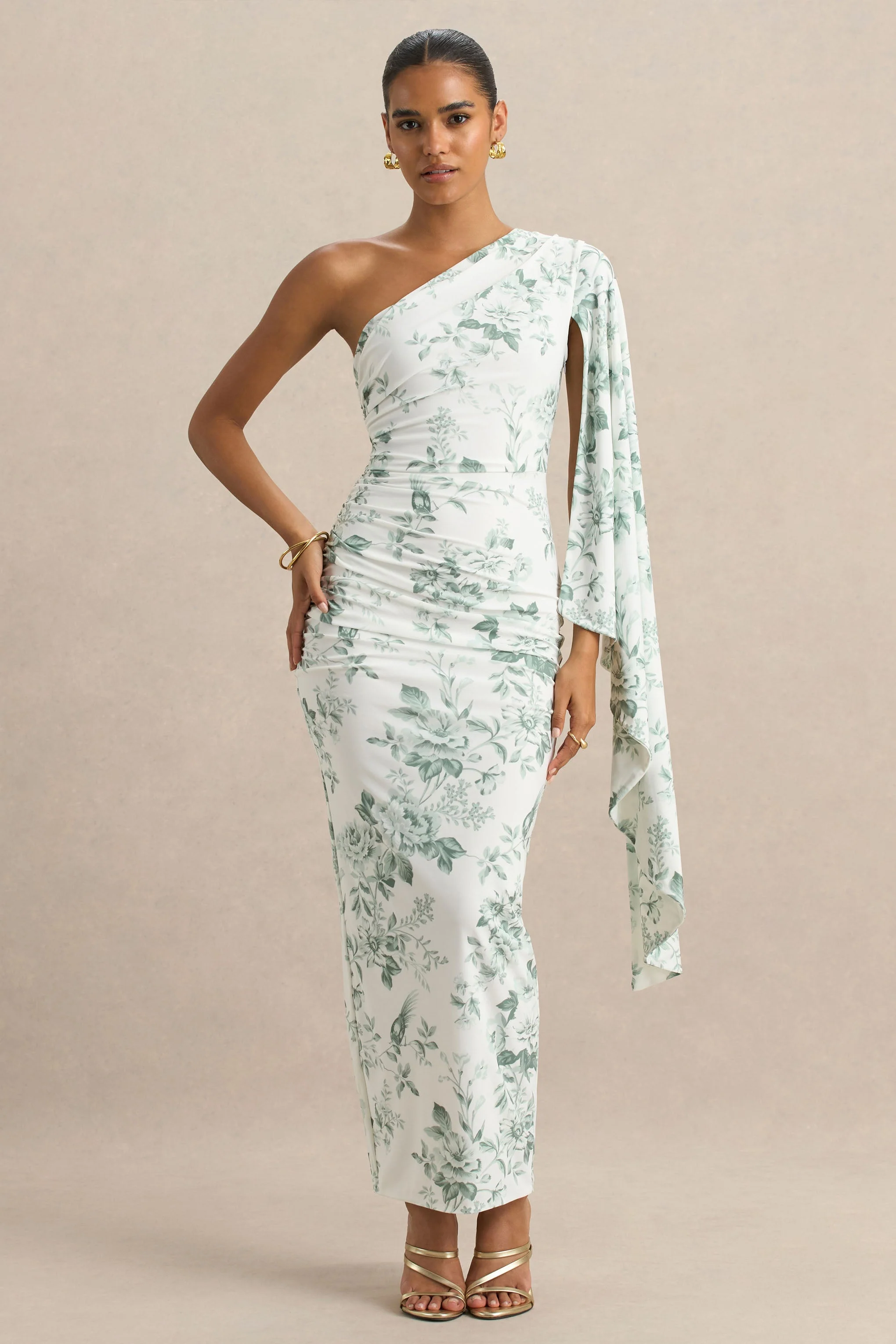 Clementina | Green Porcelain Print Asymmetric Cape Sleeve Maxi Dress - Image 4