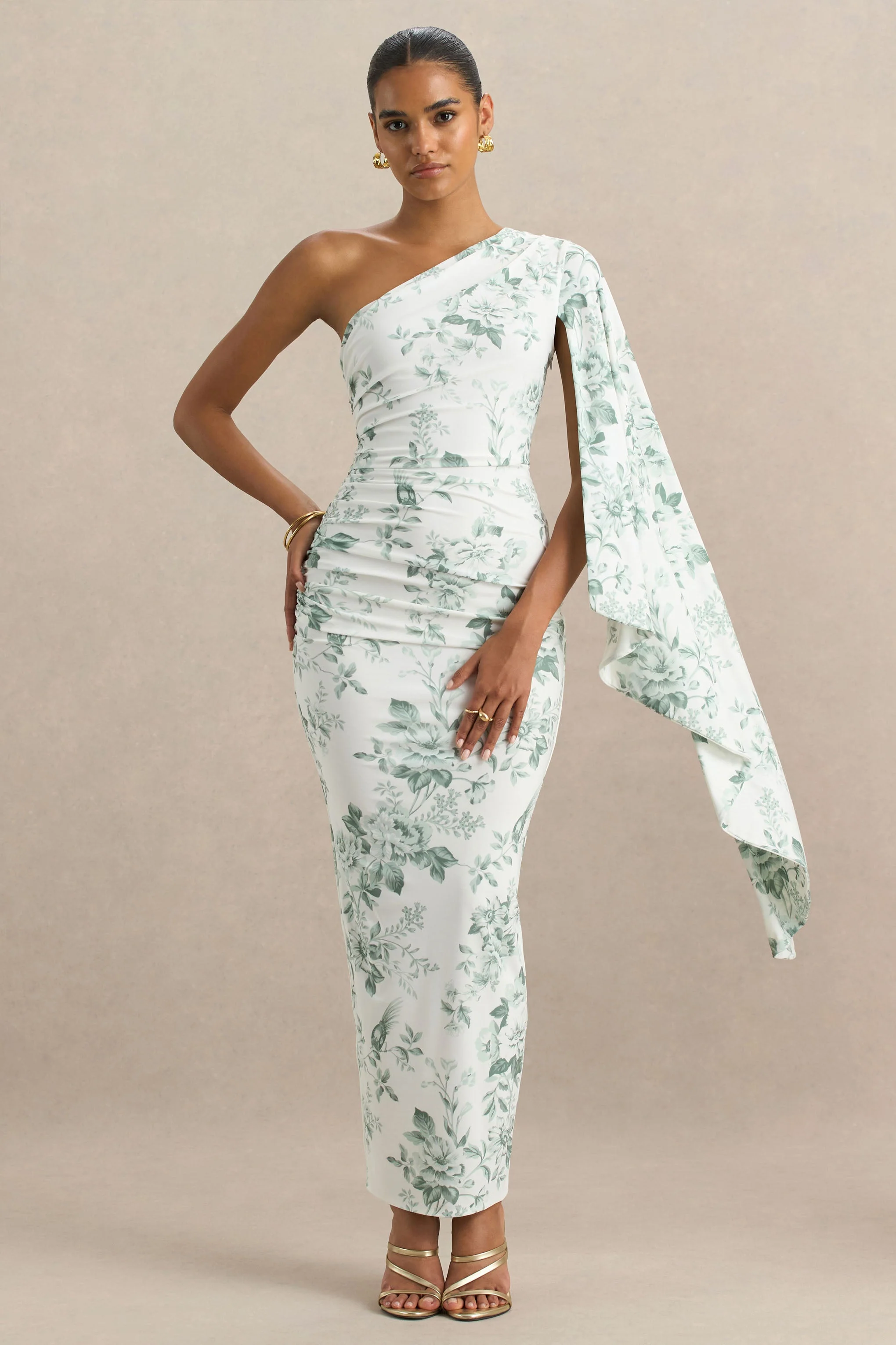 Clementina | Green Porcelain Print Asymmetric Cape Sleeve Maxi Dress - Image 5