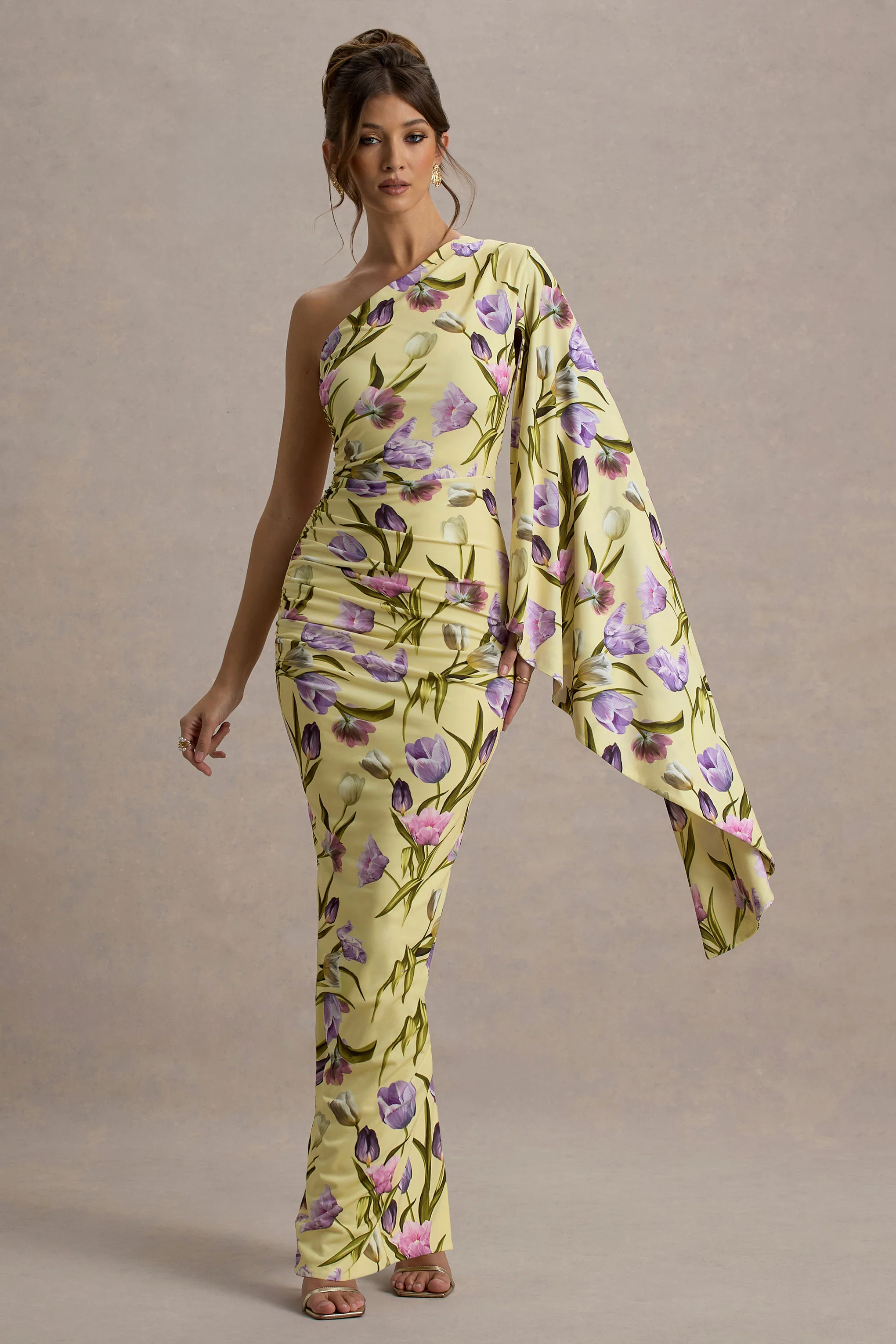 Clementina | Tulip Floral Print Asymmetric Cape Sleeve Maxi Dress - Image 4