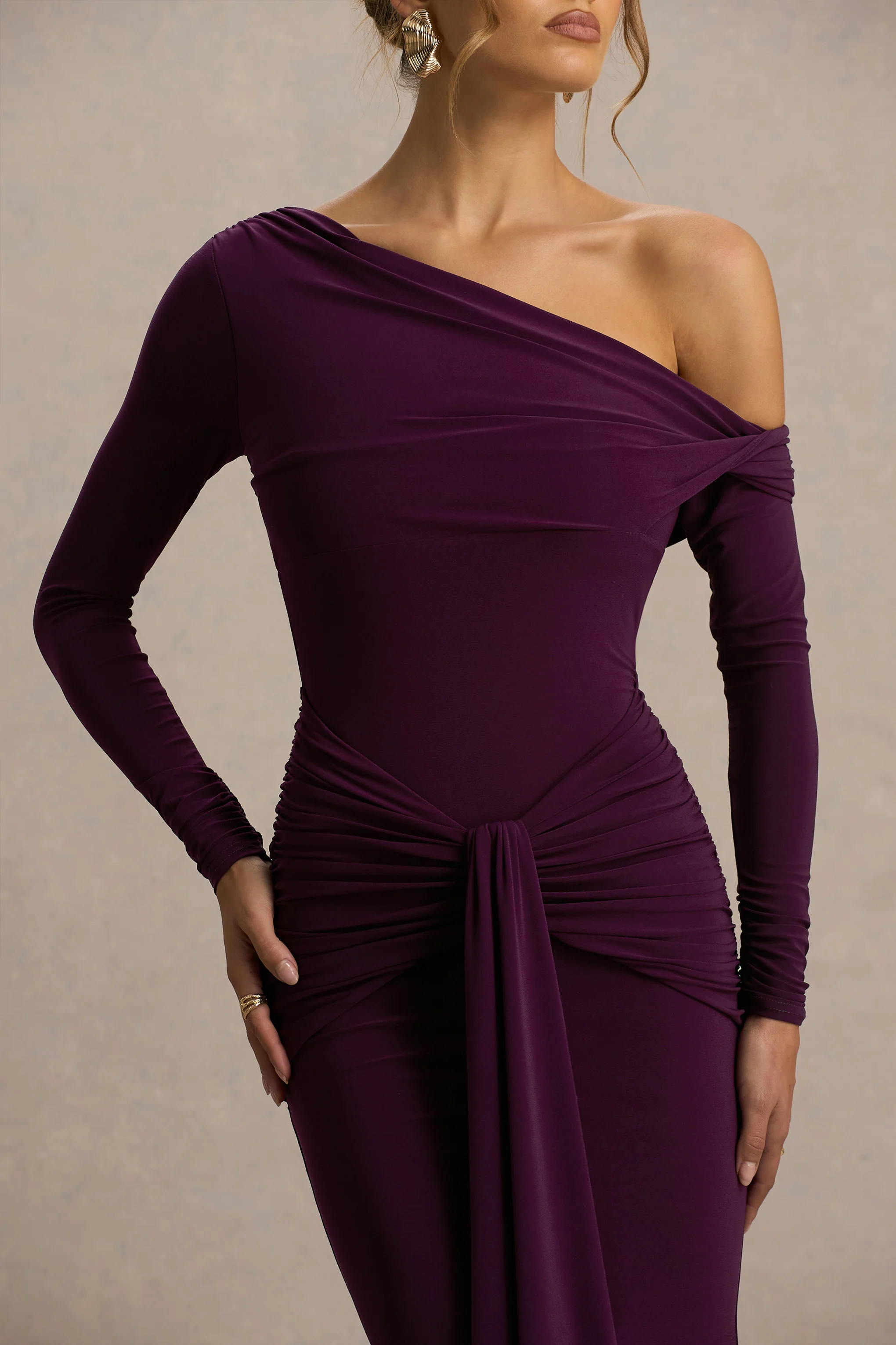 Clover | Burgundy Asymmetric-Neck Wrapped Maxi Dress With Sash - Image 4