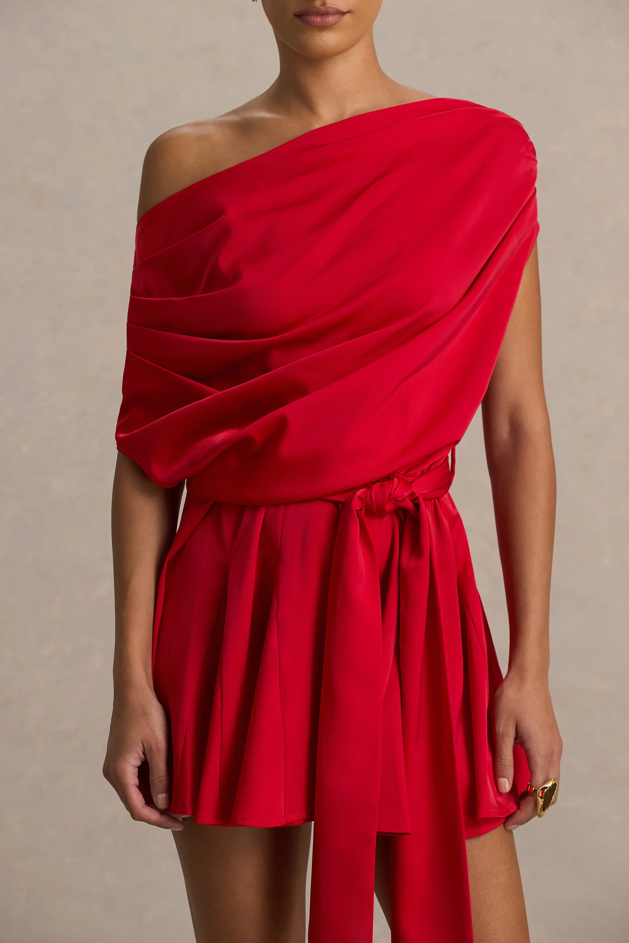 Clydie | Red Satin Asymmetric Playsuit With Tie-Waist - Image 4