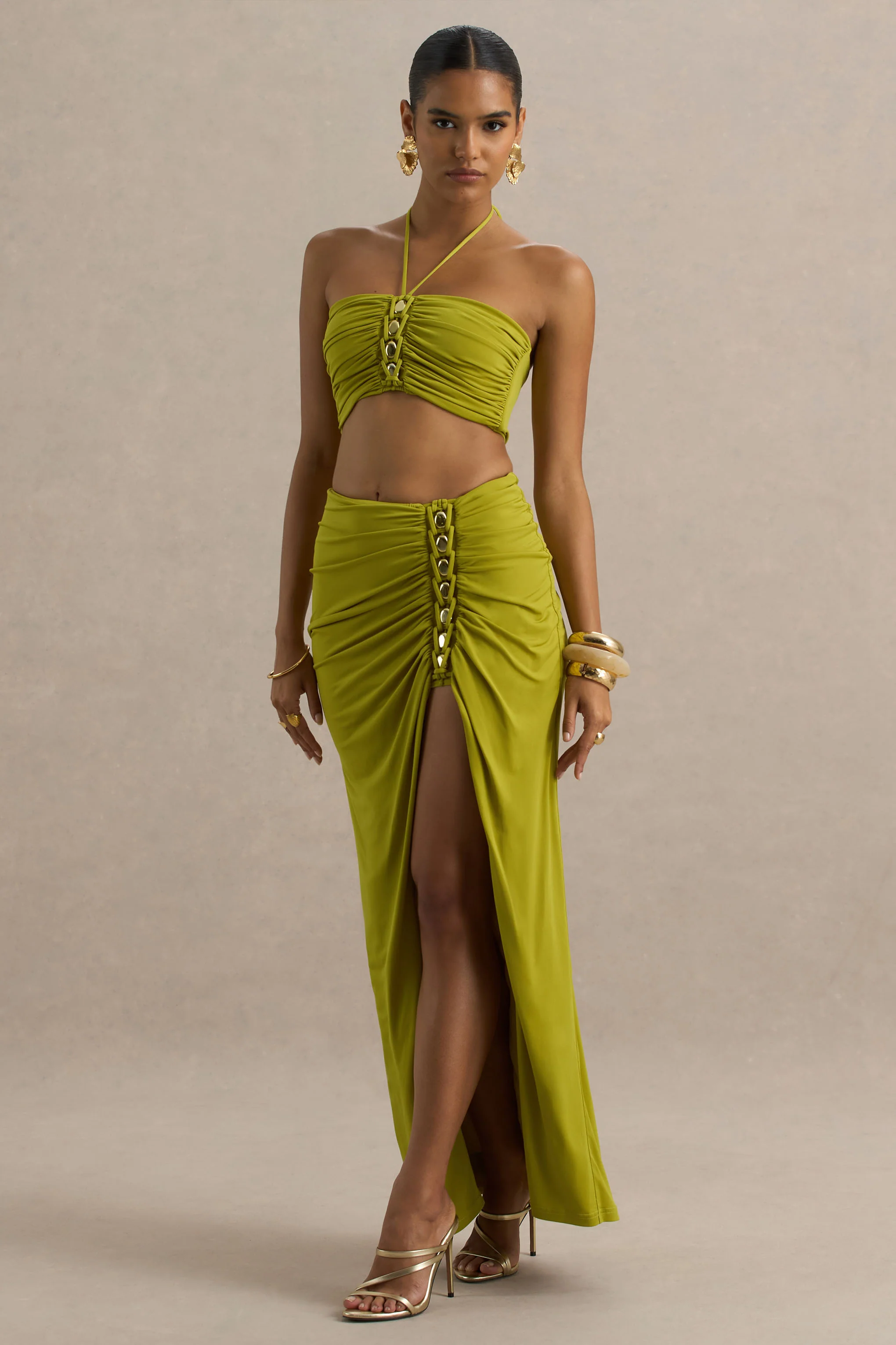 Coastline | Green Ruched Maxi Skirt With Split - Image 4