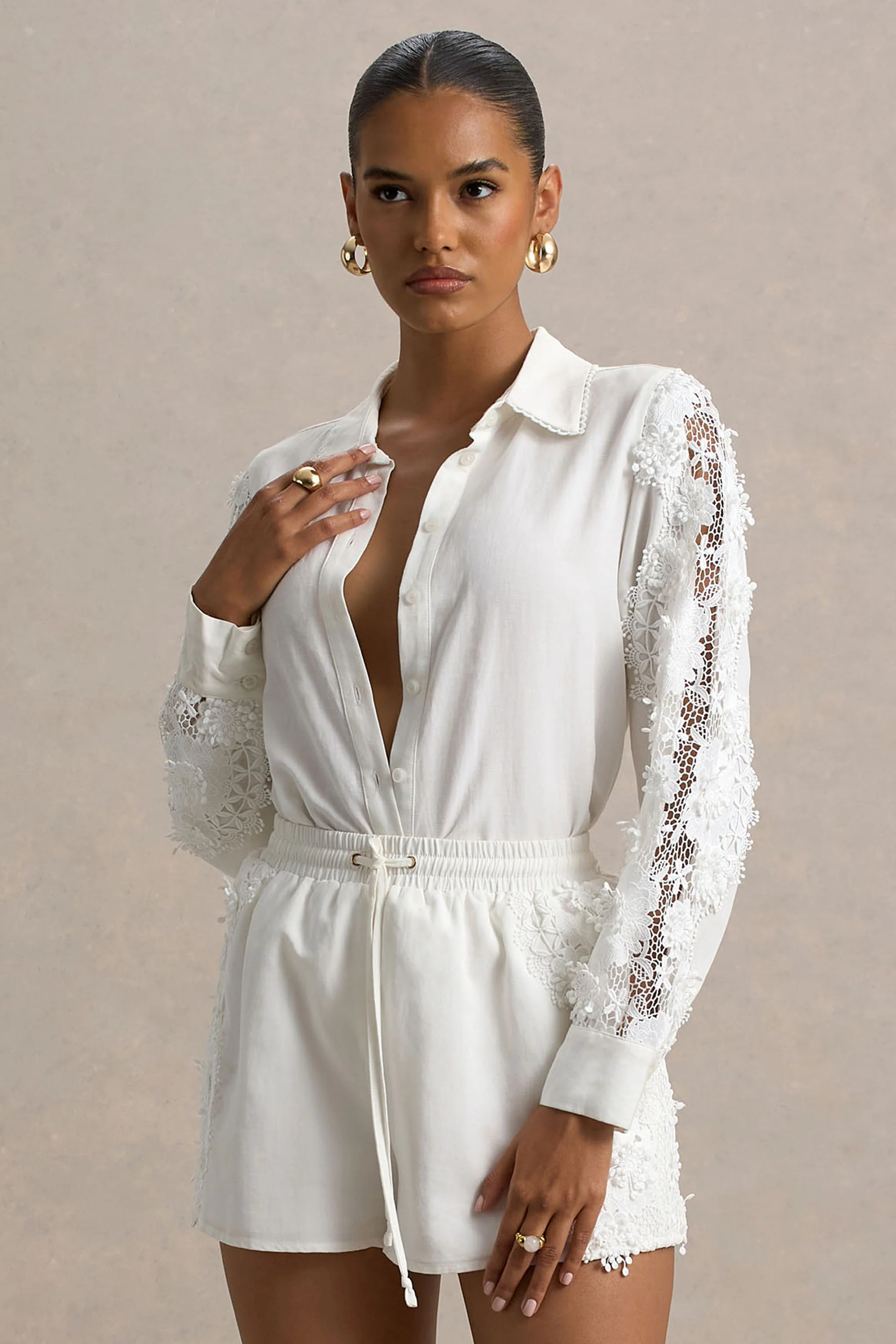 Coconut | Ecru Button-Up Shirt With Lace Detail - Image 2