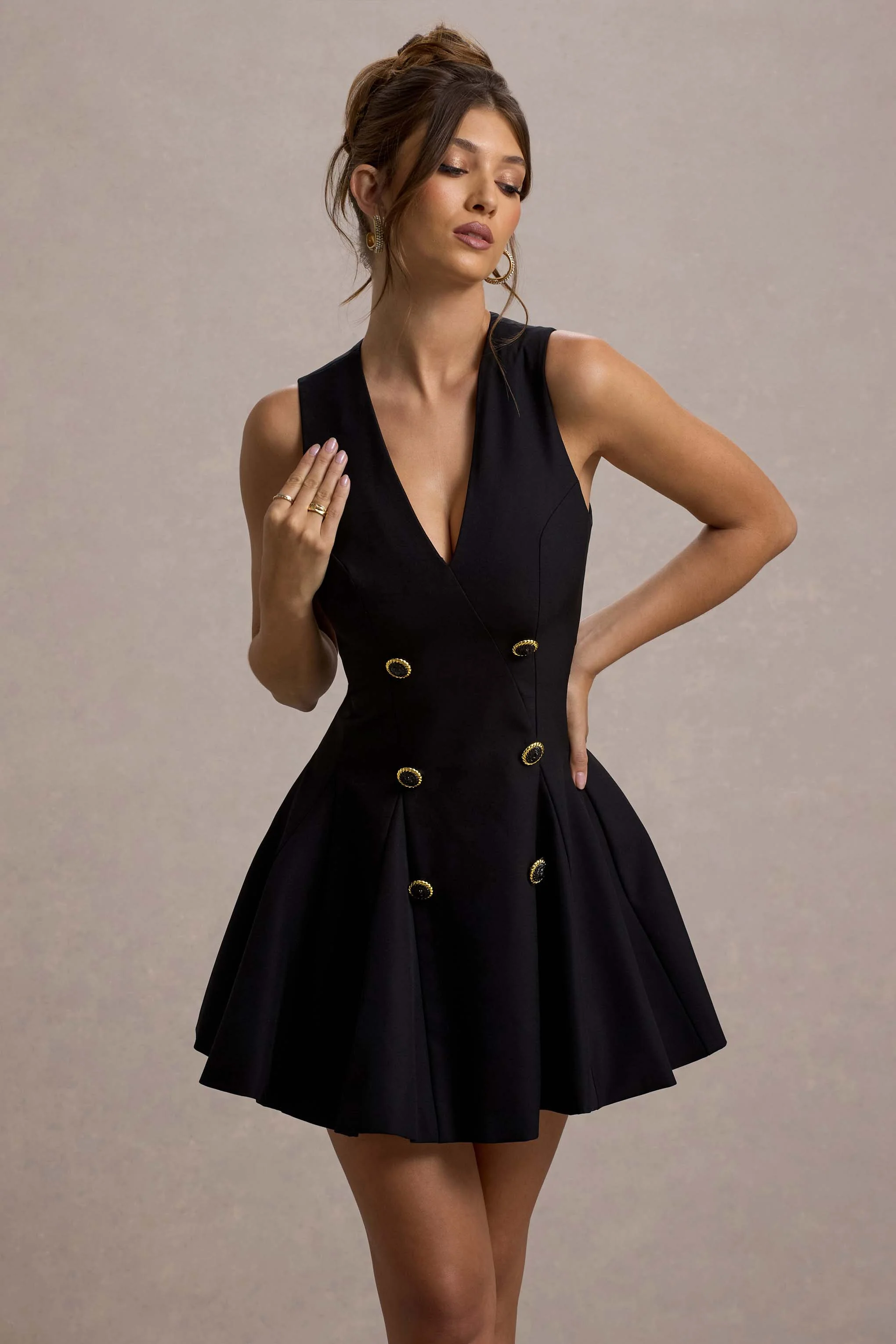Collette | Black Tailored Plunge-Neck Mini Dress - Image 3