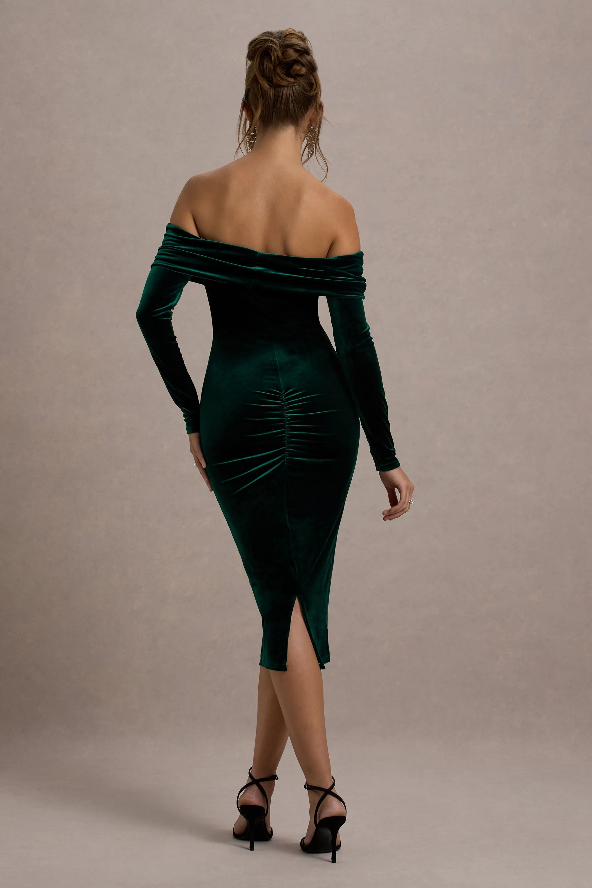 Compliment | Bottle Green Velvet Bardot Midi Dress - Image 2