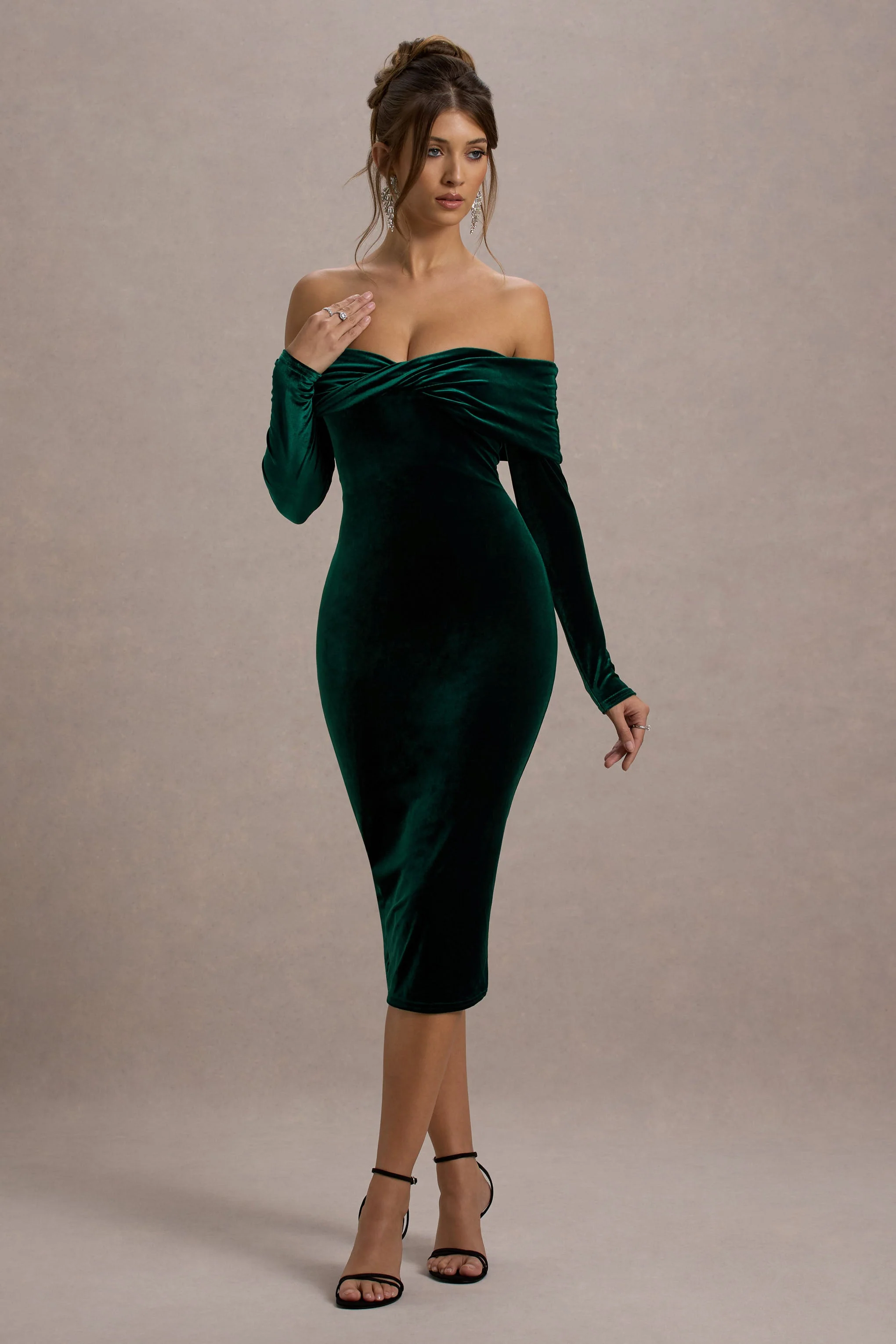 Compliment | Bottle Green Velvet Bardot Midi Dress - Image 3