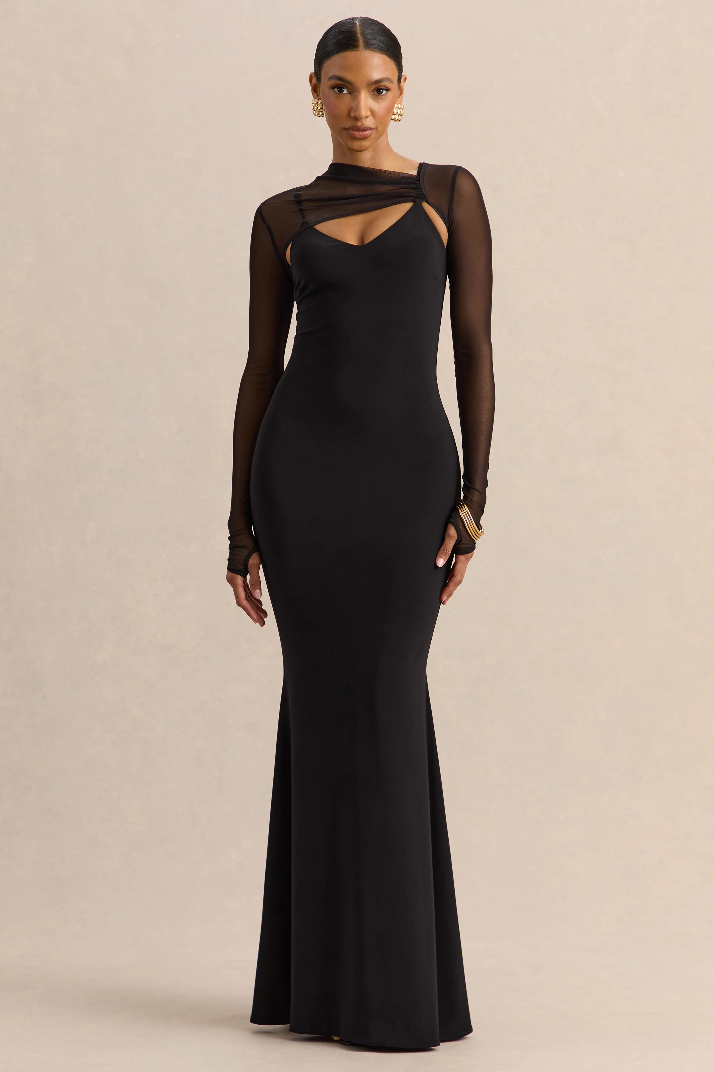 Coralia | Black Asymmetric-Neck Maxi Dress With Mesh Long-Sleeves
