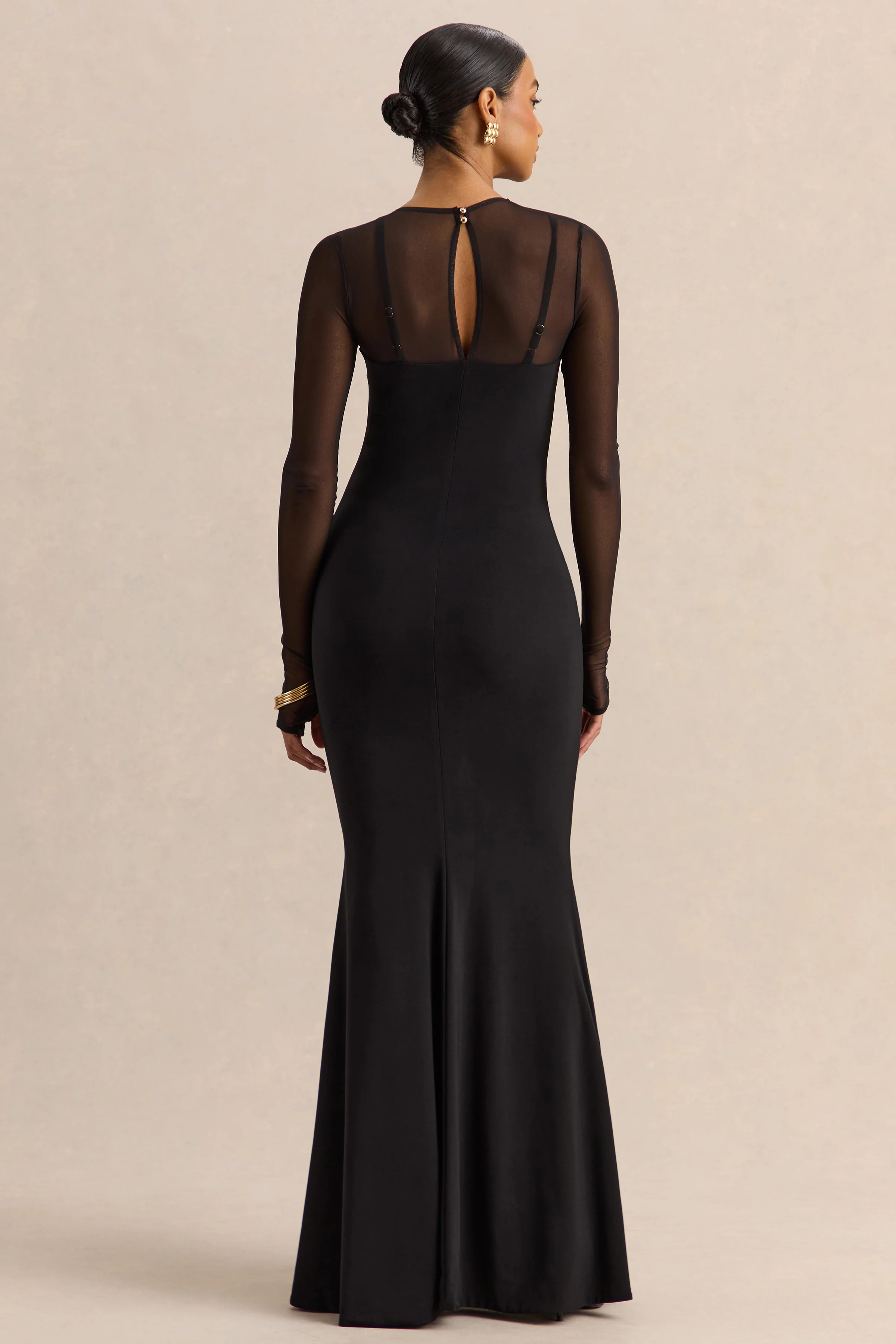 Coralia | Black Asymmetric-Neck Maxi Dress With Mesh Long-Sleeves - Image 2