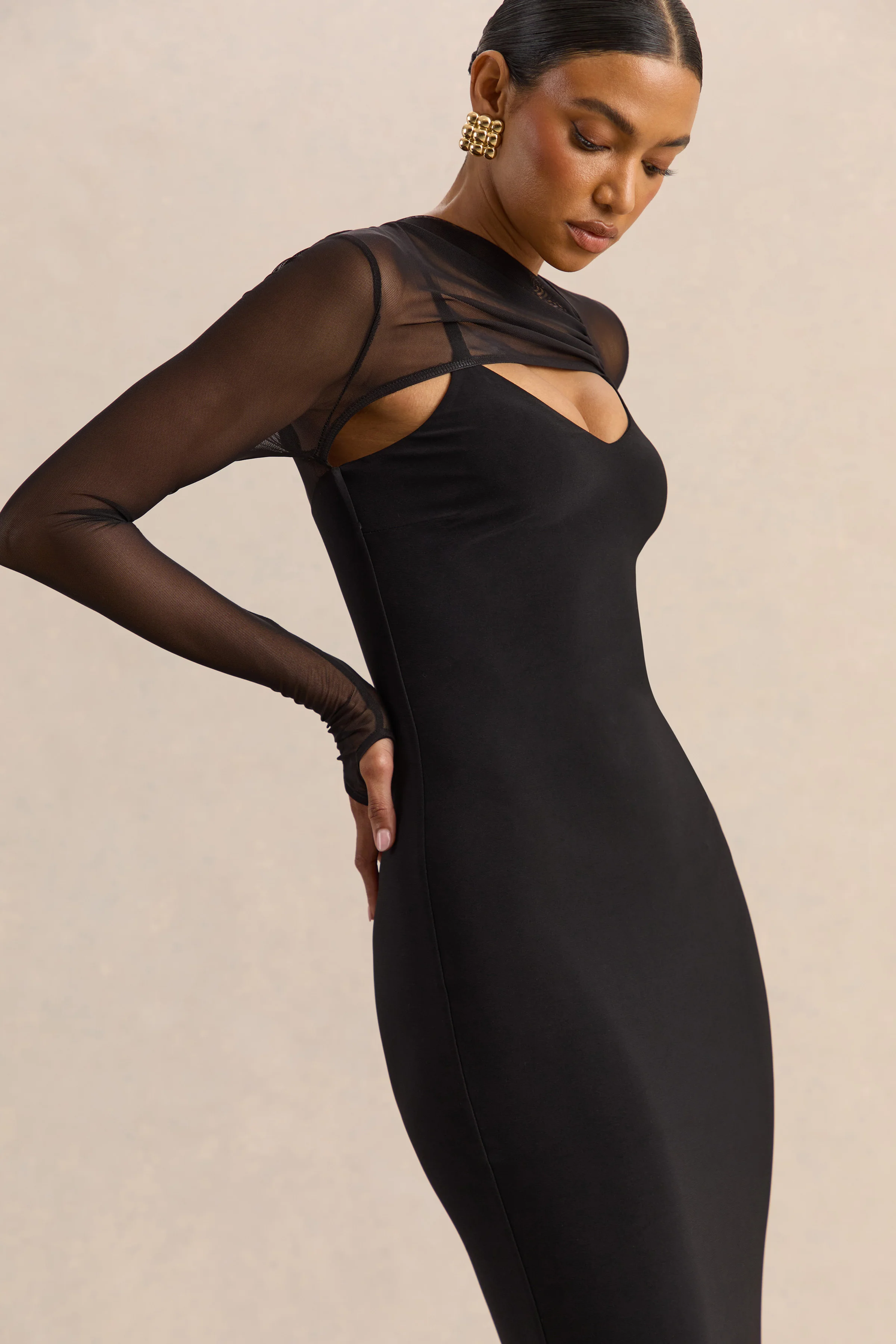 Coralia | Black Asymmetric-Neck Maxi Dress With Mesh Long-Sleeves - Image 3