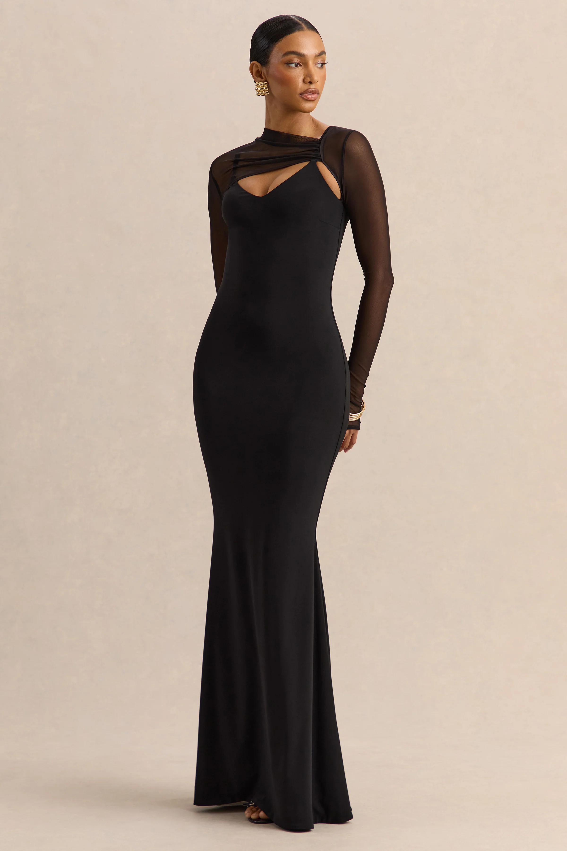 Coralia | Black Asymmetric-Neck Maxi Dress With Mesh Long-Sleeves - Image 4