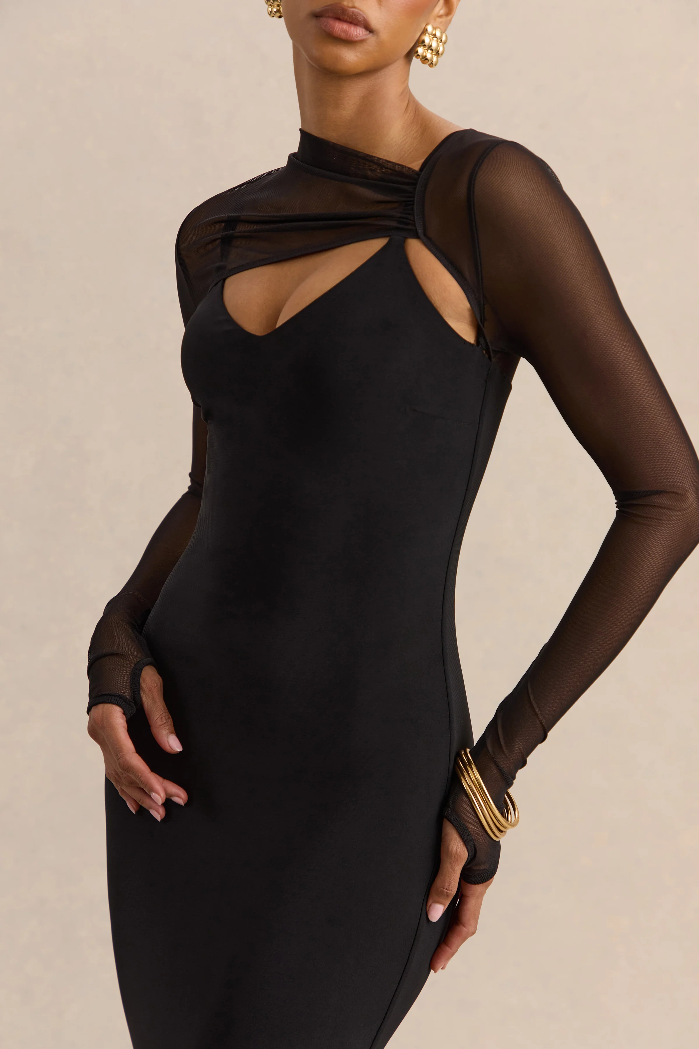Coralia | Black Asymmetric-Neck Maxi Dress With Mesh Long-Sleeves - Image 8