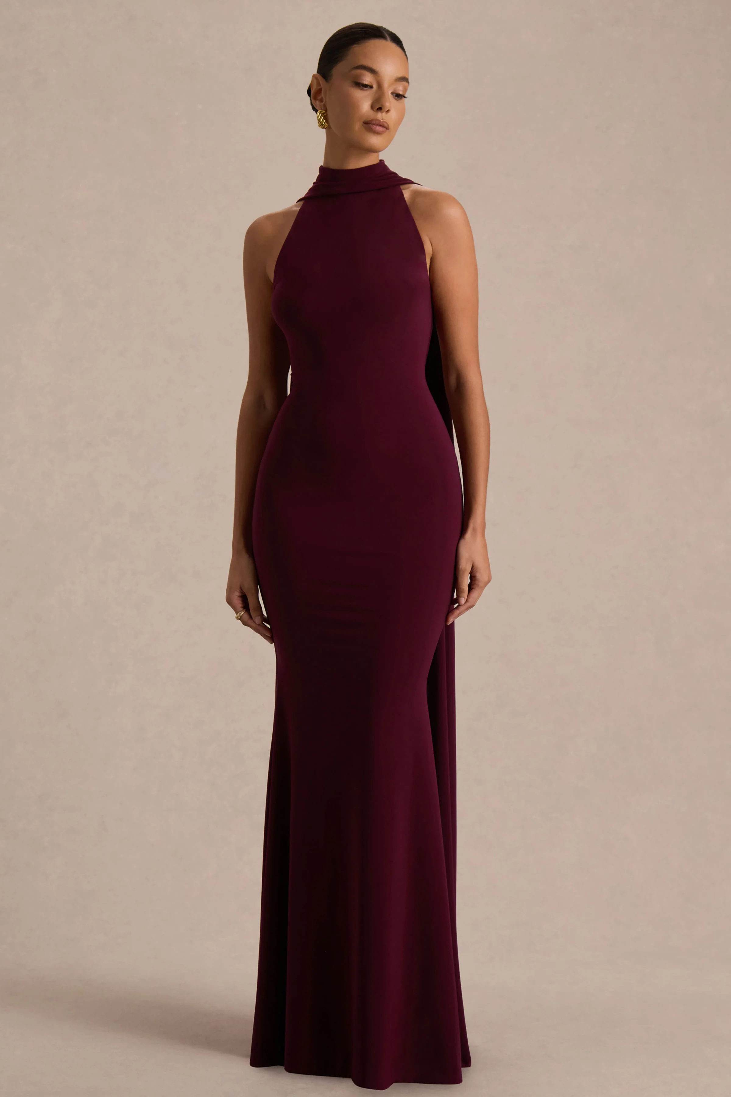 Cordy | Burgundy High-Neck Maxi Dress With Scarf-Detail - Image 5