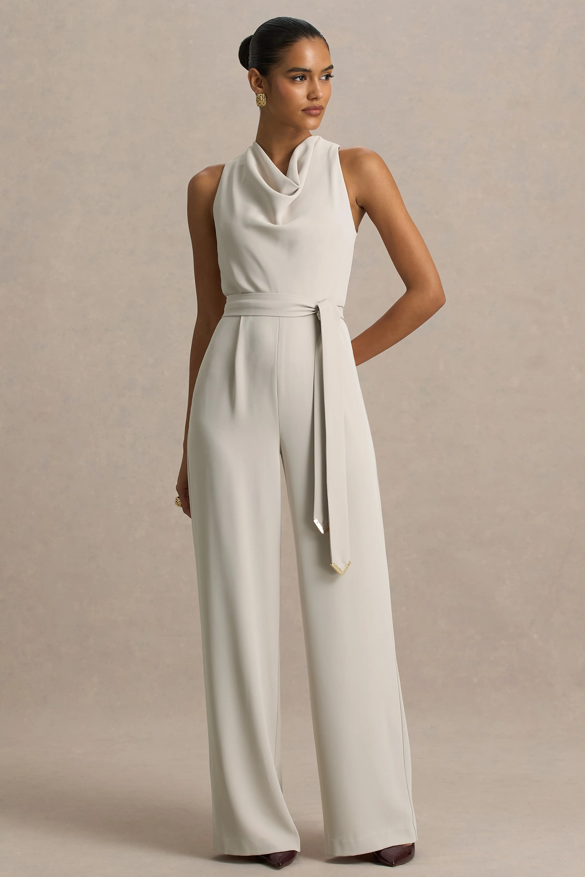 Corina | Nude Cowl-Neck Jumpsuit With Tie-Detail - Image 3