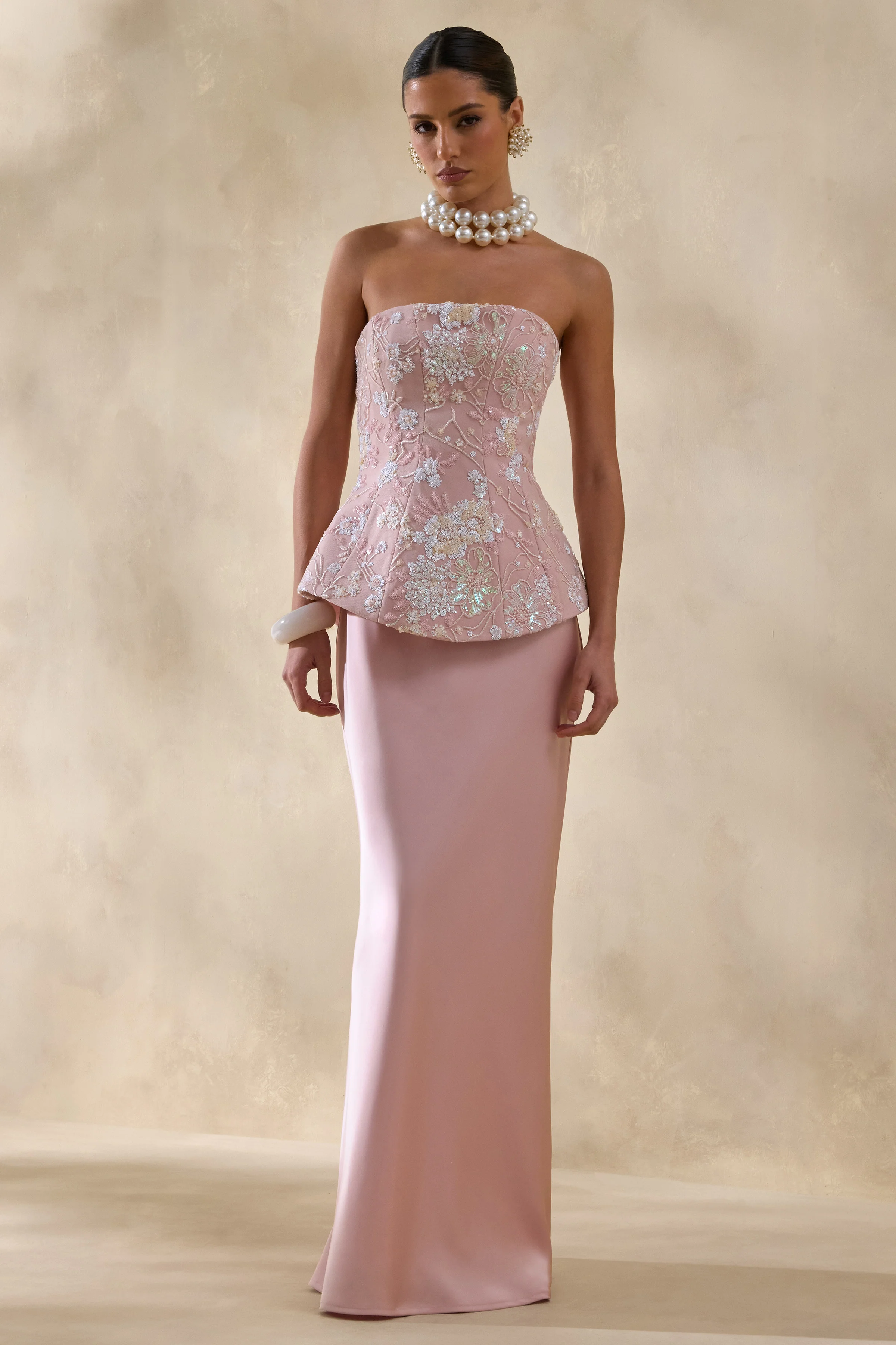 Corvina | Pink Embellished Floral Bandeau Corset Maxi Dress