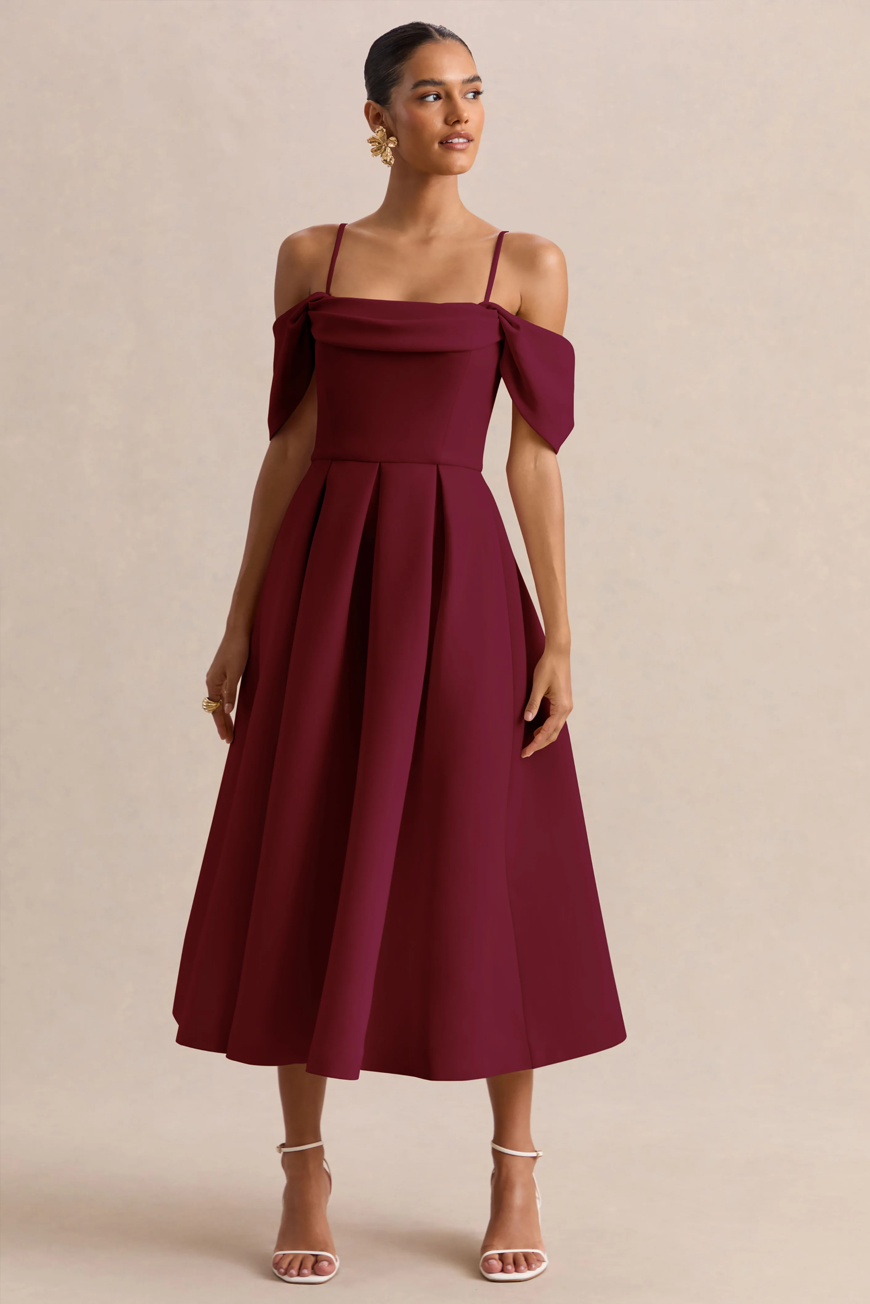 Cosima | Burgundy Bardot-Neck Midi Dress - Image 5