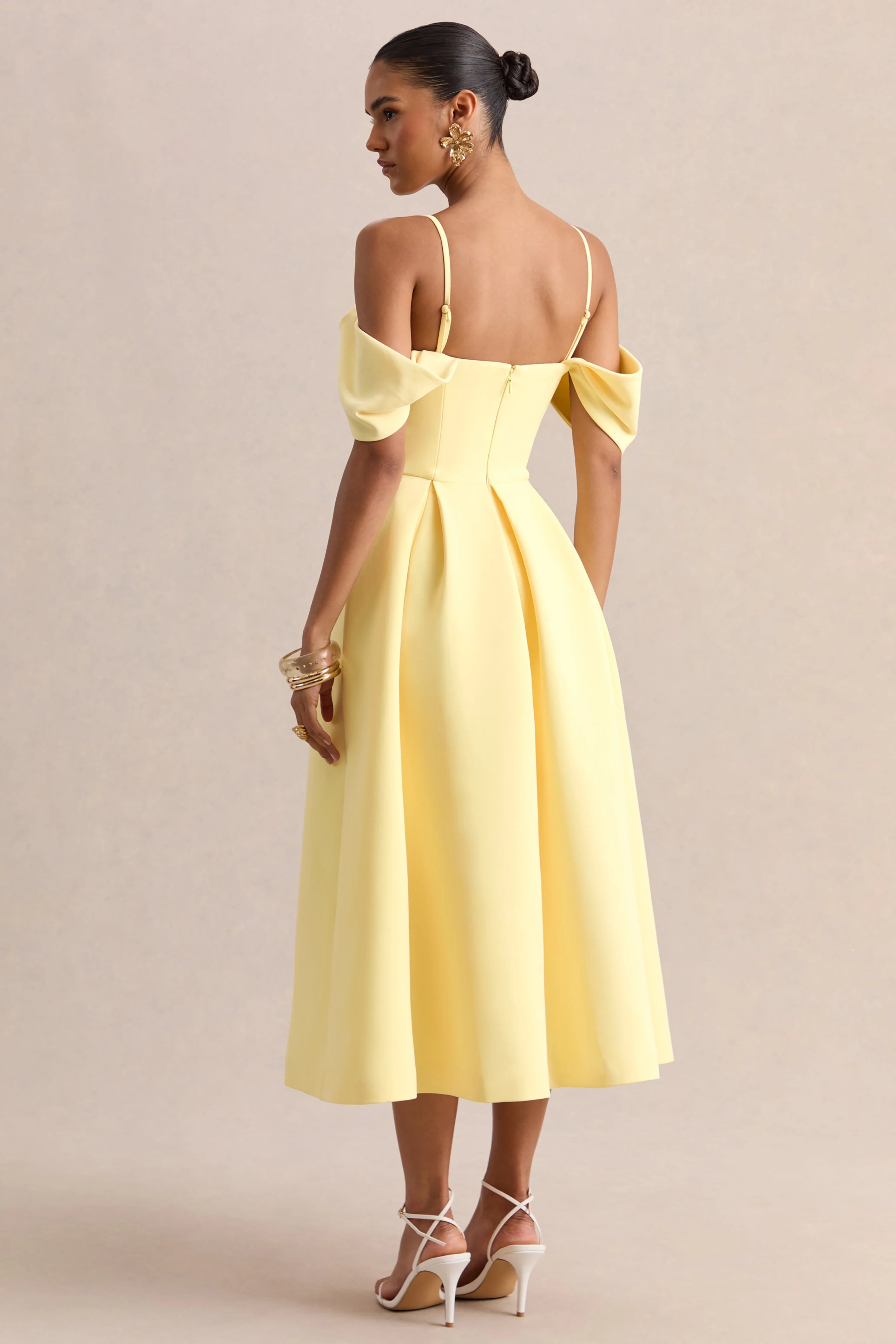 Cosima | Lemon Bardot-Neck Midi Dress - Image 2