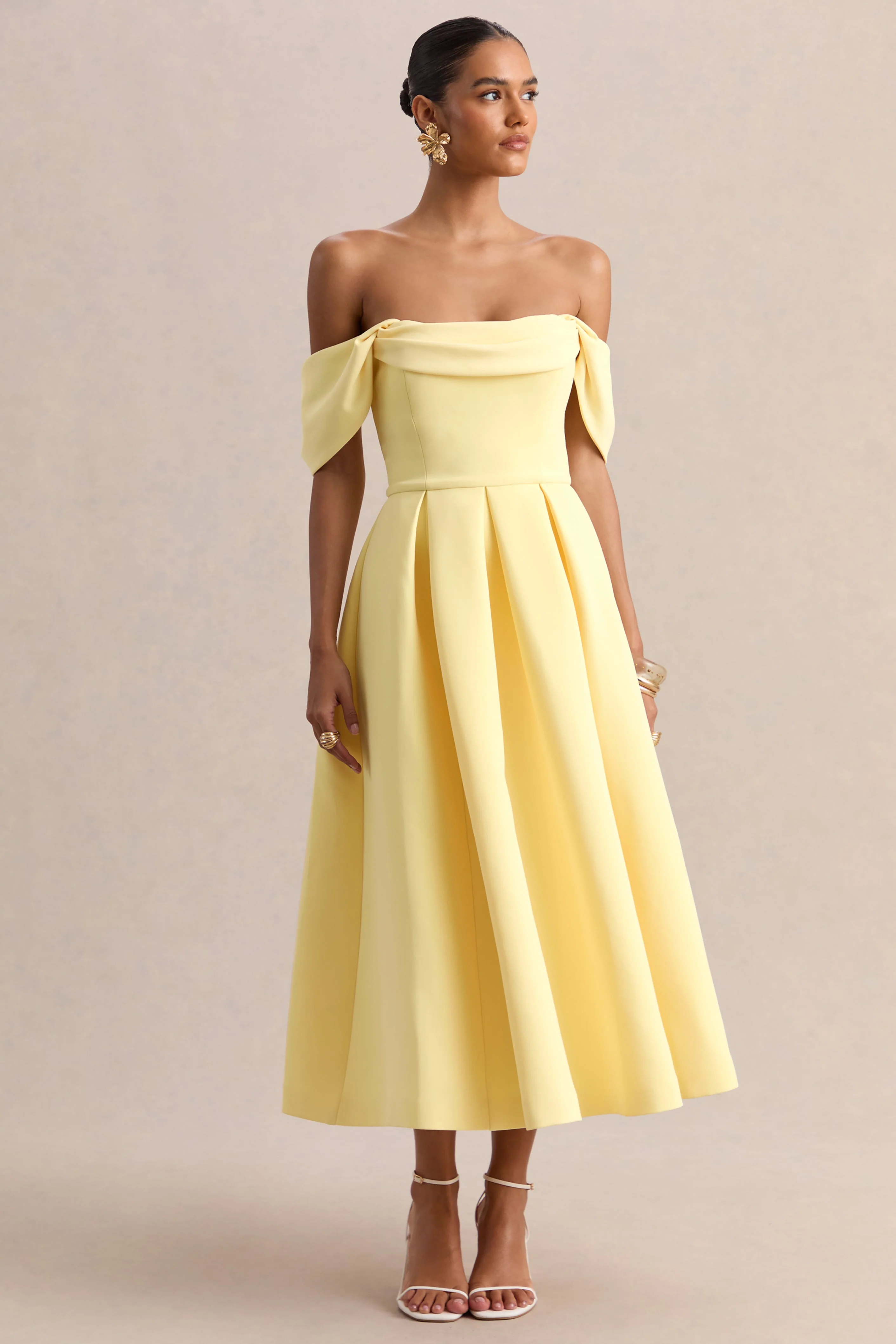 Cosima | Lemon Bardot-Neck Midi Dress - Image 4