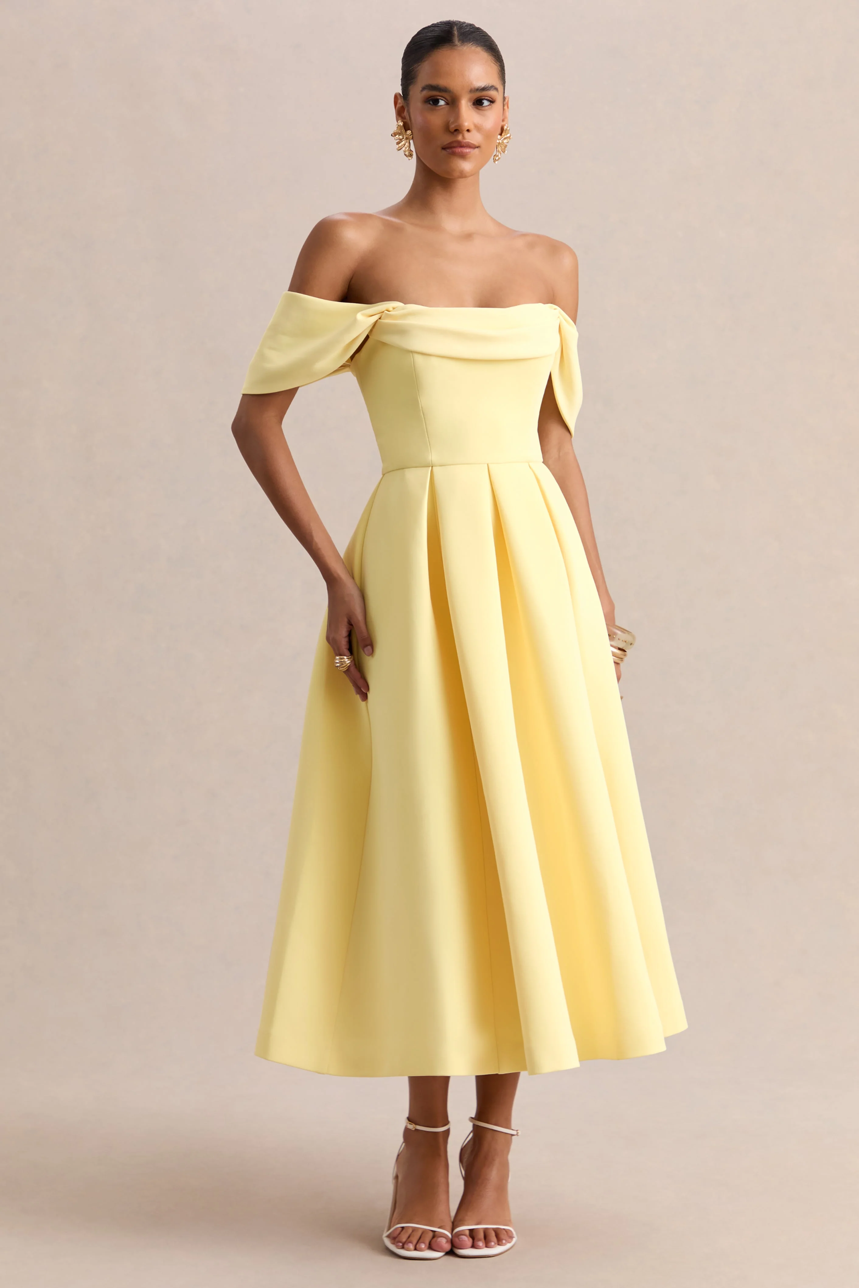 Cosima | Lemon Bardot-Neck Midi Dress - Image 5
