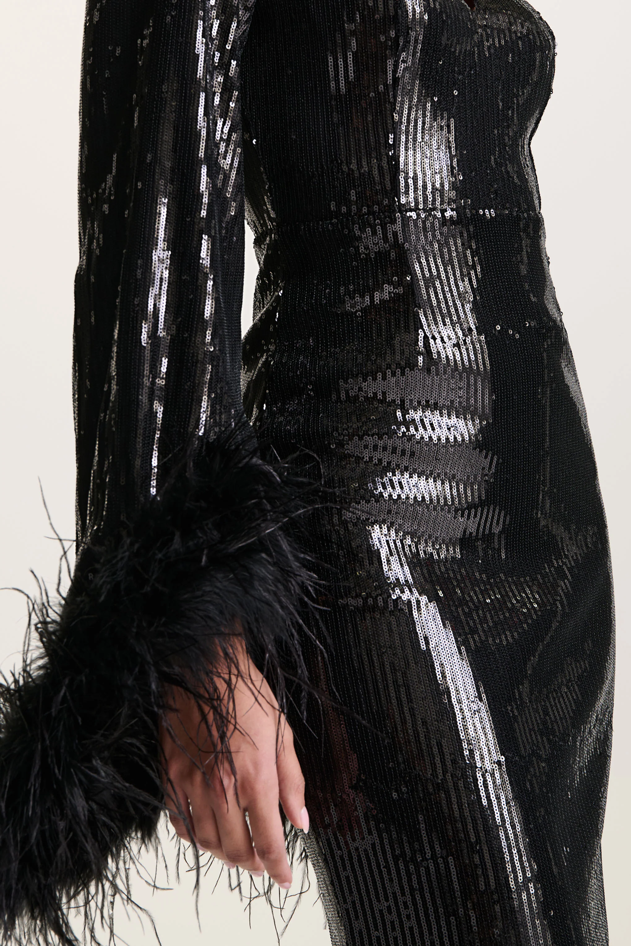 Cosmic Star | Black Sequin High-Neck Maxi Dress With Feather Cuffs - Image 6