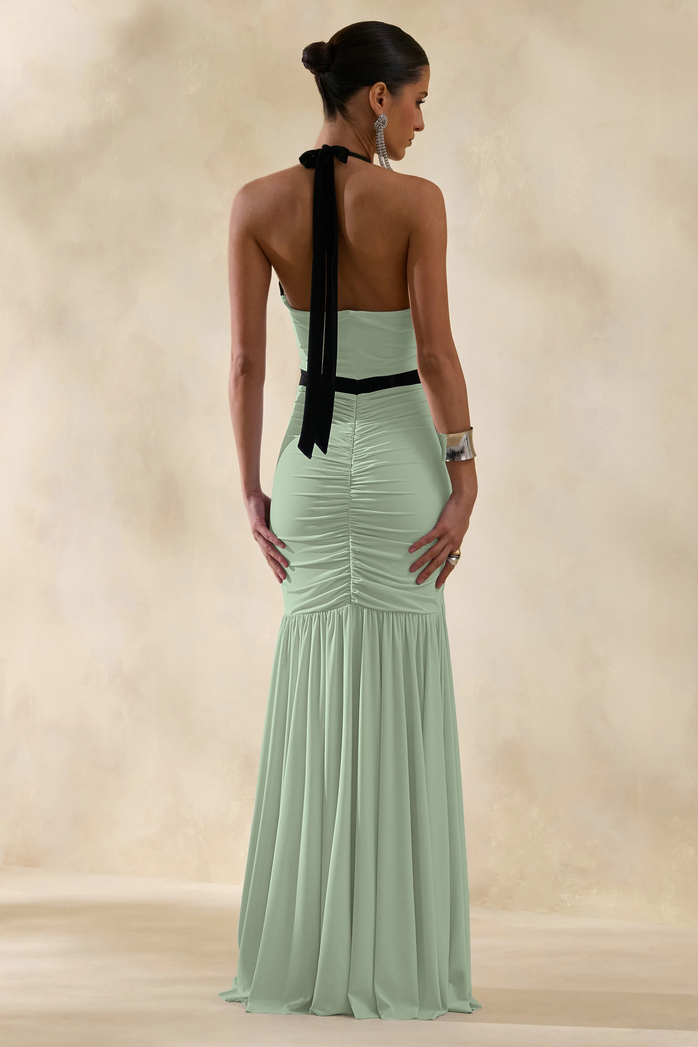 Cosmina | Mint Plunge-Neck Maxi Dress With Bow-Detail - Image 2