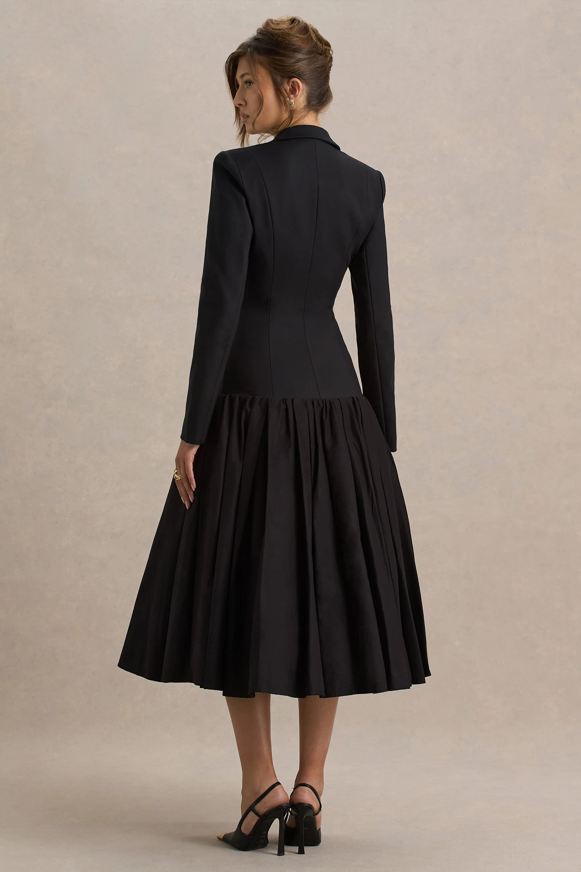 Cosmopolitan | Black Plunge-Neck Tailored Midi Dress With Pleated Hem - Image 2