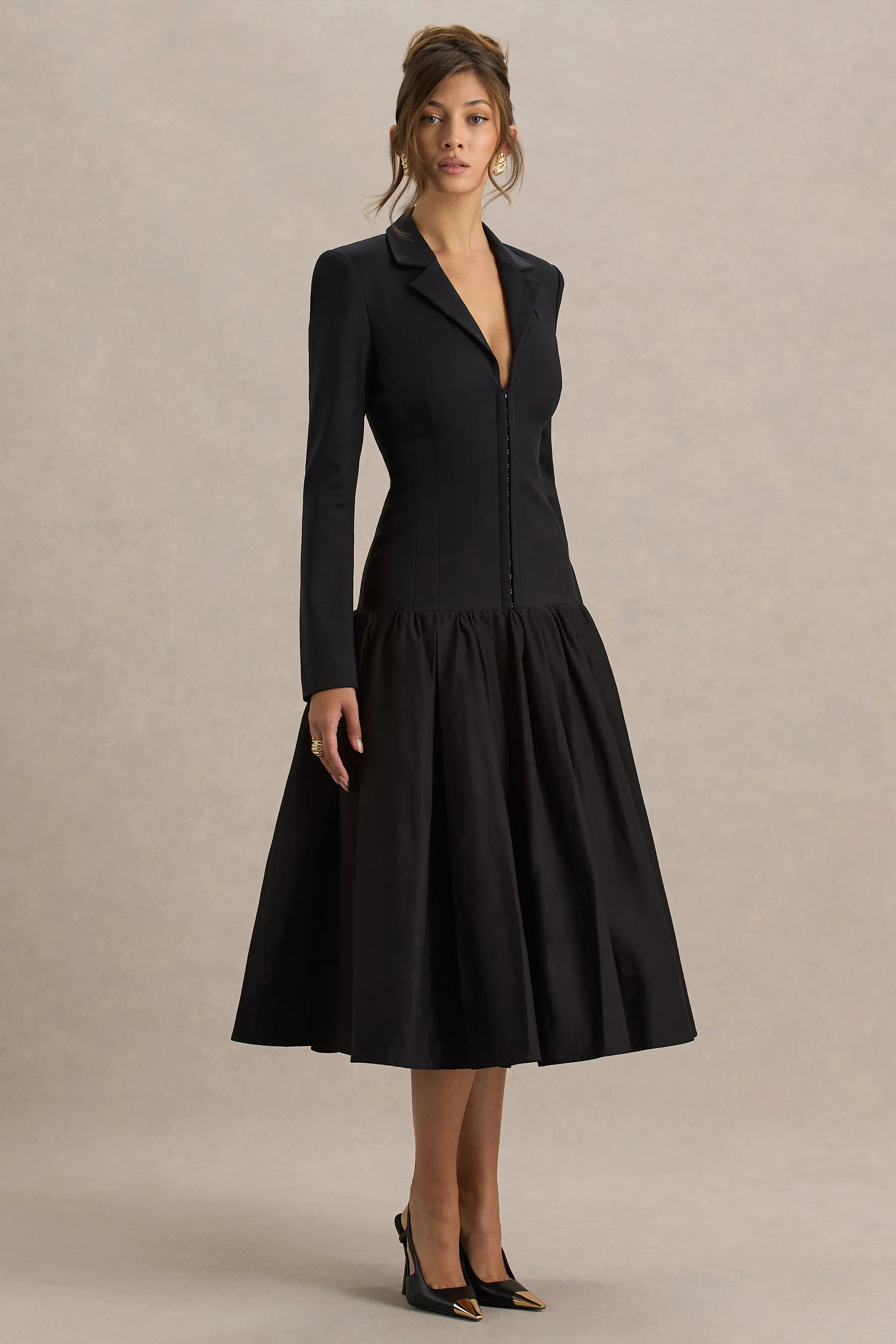 Cosmopolitan | Black Plunge-Neck Tailored Midi Dress With Pleated Hem - Image 3