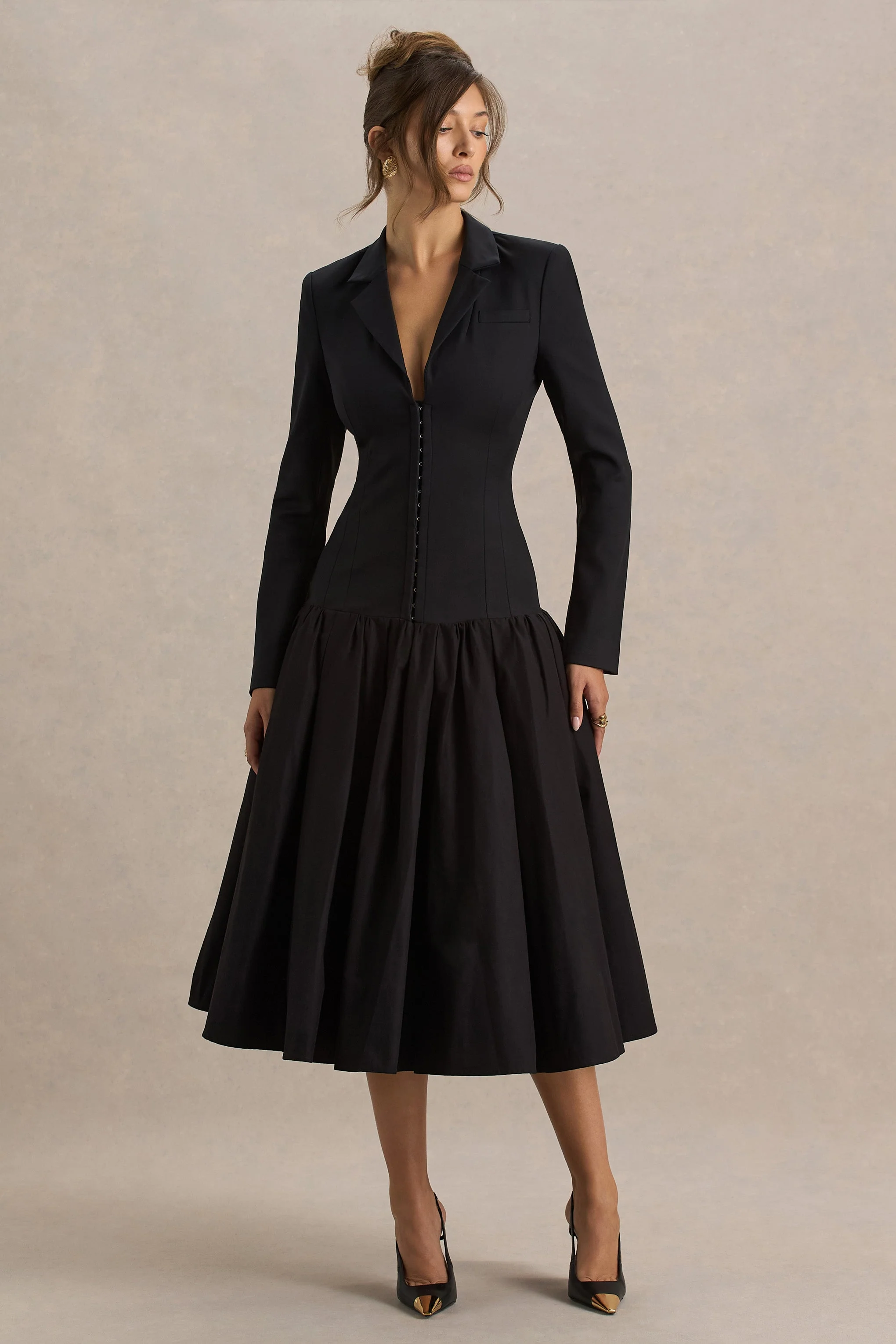 Cosmopolitan | Black Plunge-Neck Tailored Midi Dress With Pleated Hem - Image 5