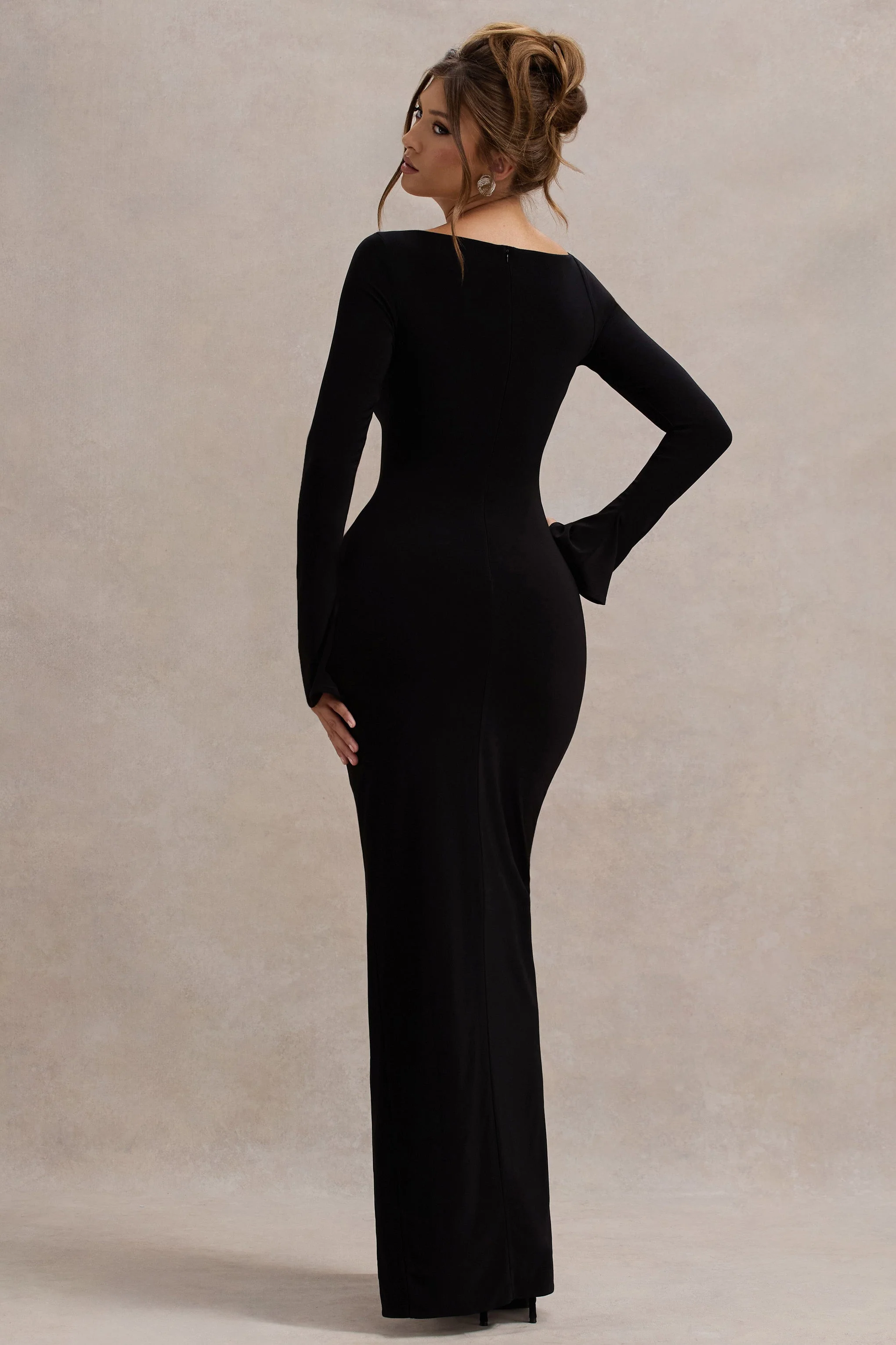 Cosmos | Black Asymmetric Long-Sleeve Split Maxi Dress - Image 2